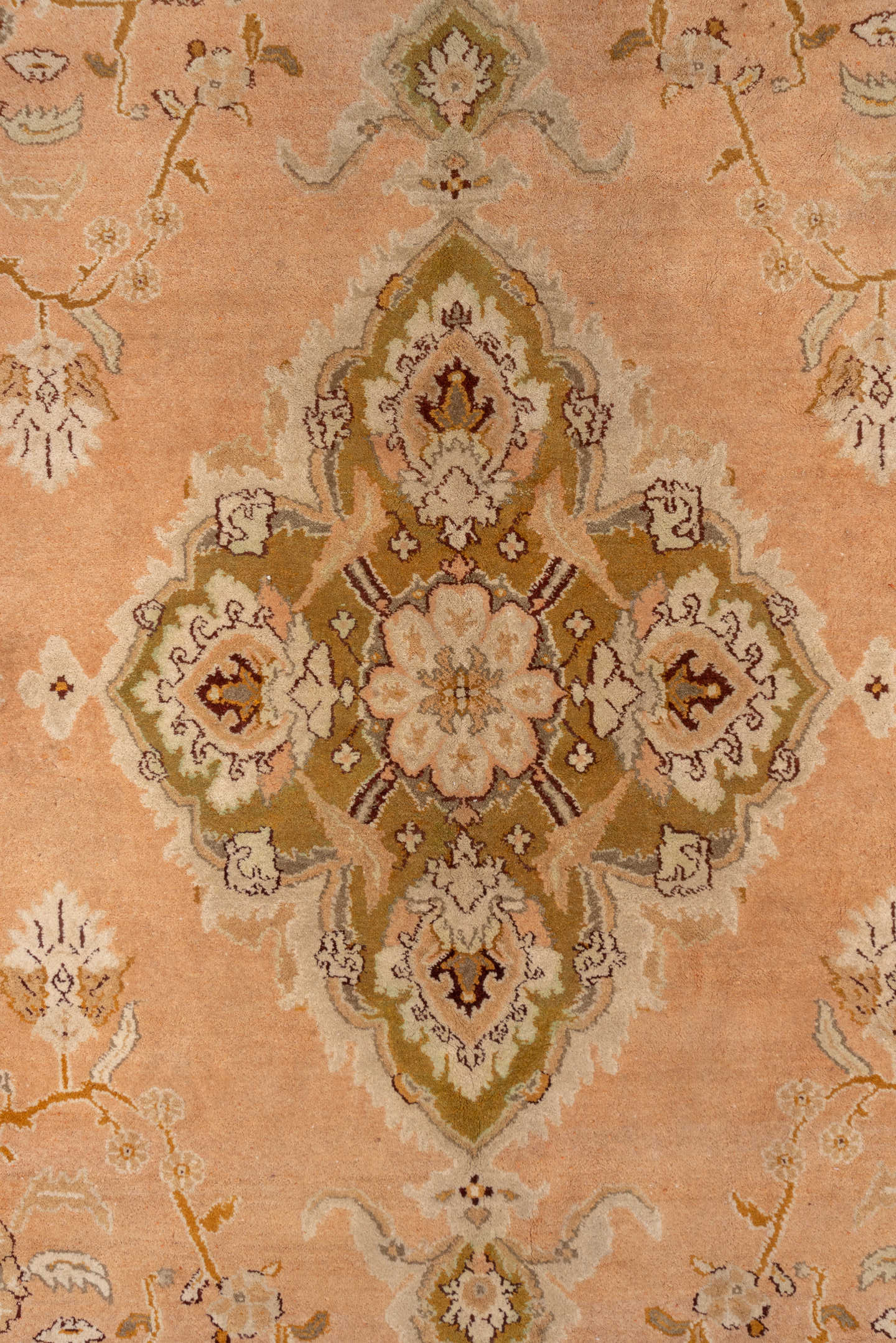 5' x 10' one-of-a-kind handmade antique Agra medium size rug. Color palette: peach, camel, ivory, taupe, gold, olive, brown