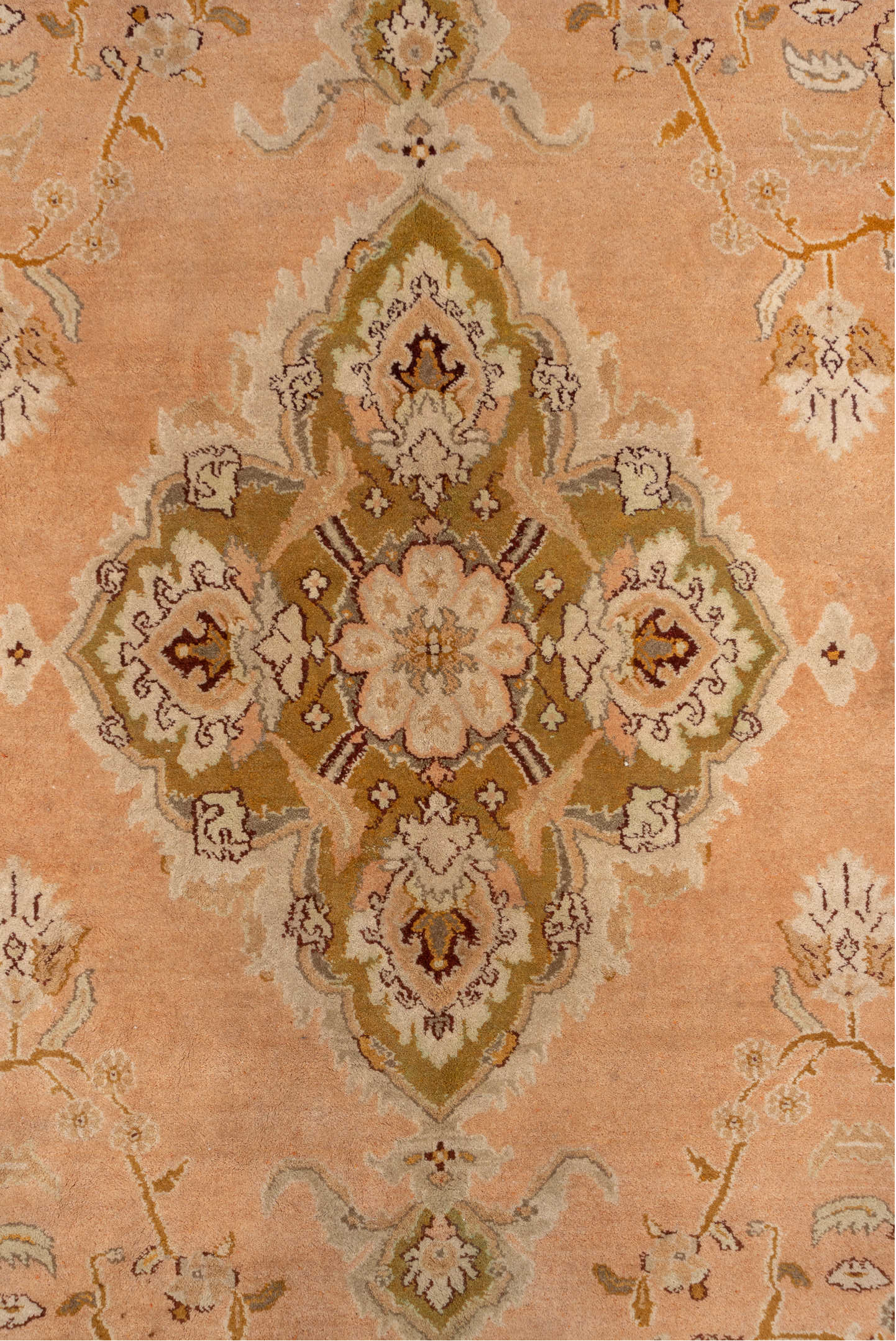 5' x 10' one-of-a-kind handmade vintage Agra medium size rug. Color palette: brown, gray, light gray, off-white, orange