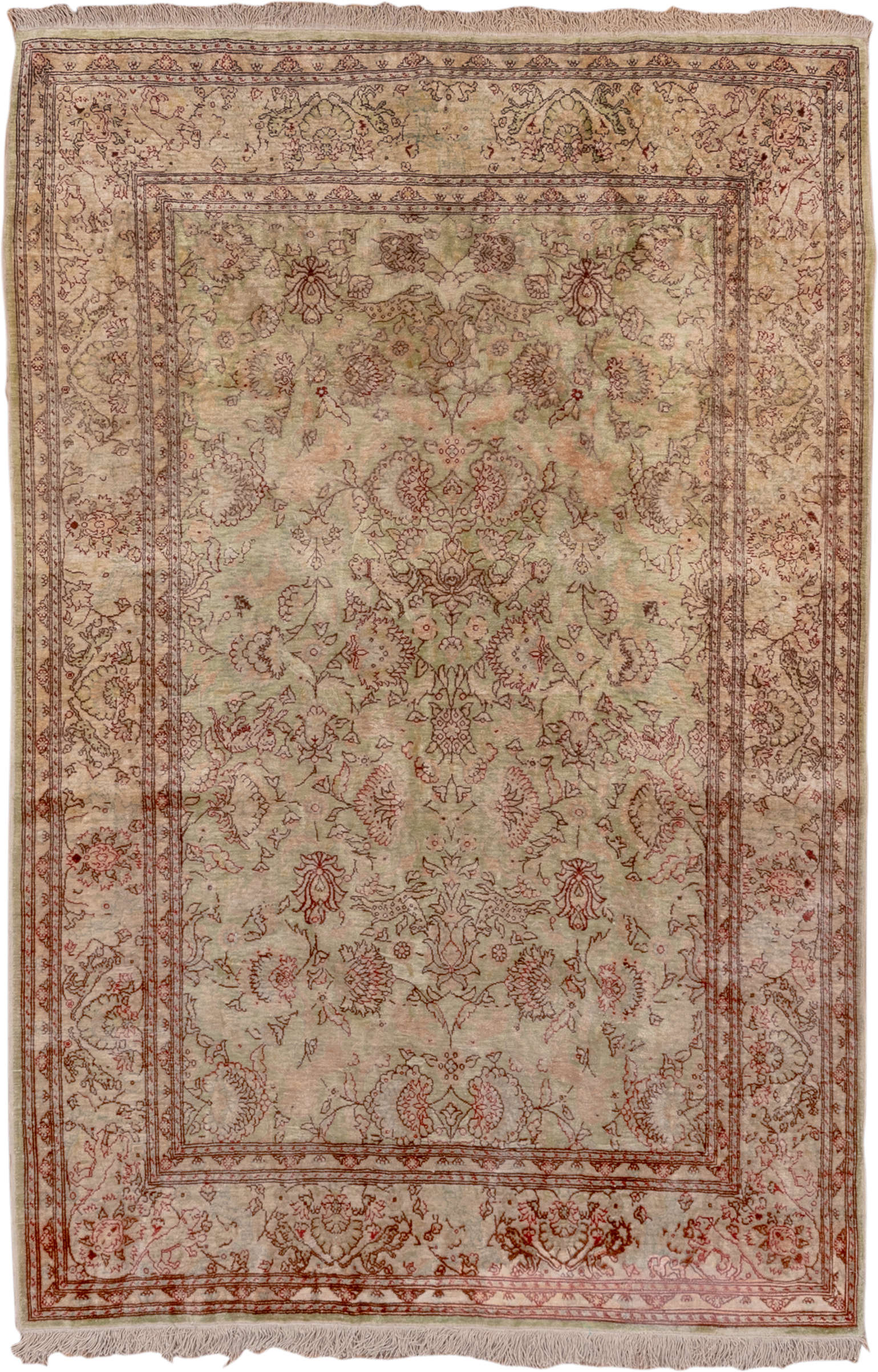 4' x 5' one-of-a-kind handmade antique Hereke small size rug. Color palette: ivory, blush, sage, rust, taupe, rose, camel