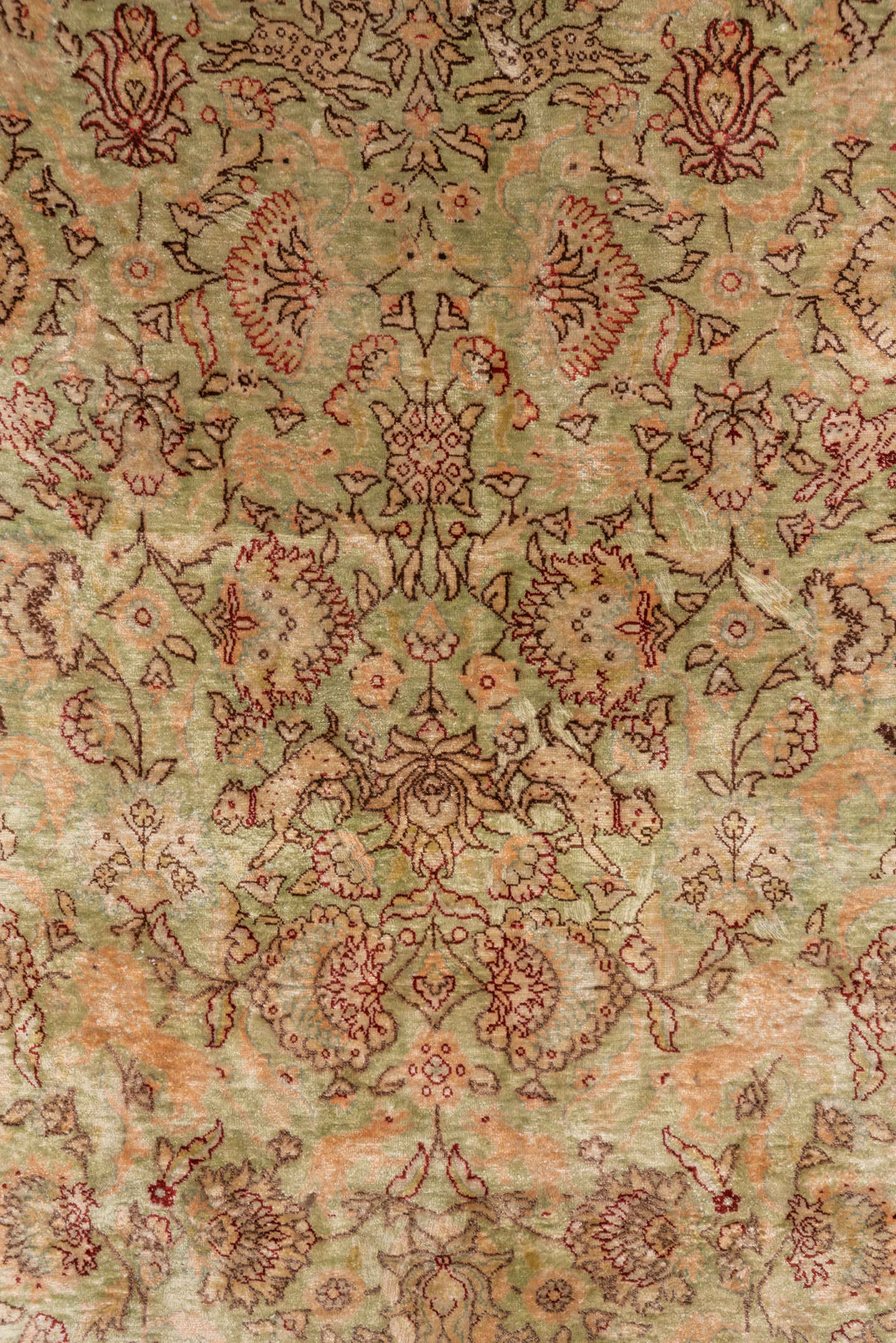 4' x 5' one-of-a-kind handmade antique Hereke small size rug. Color palette: ivory, blush, sage, rust, taupe, rose, camel