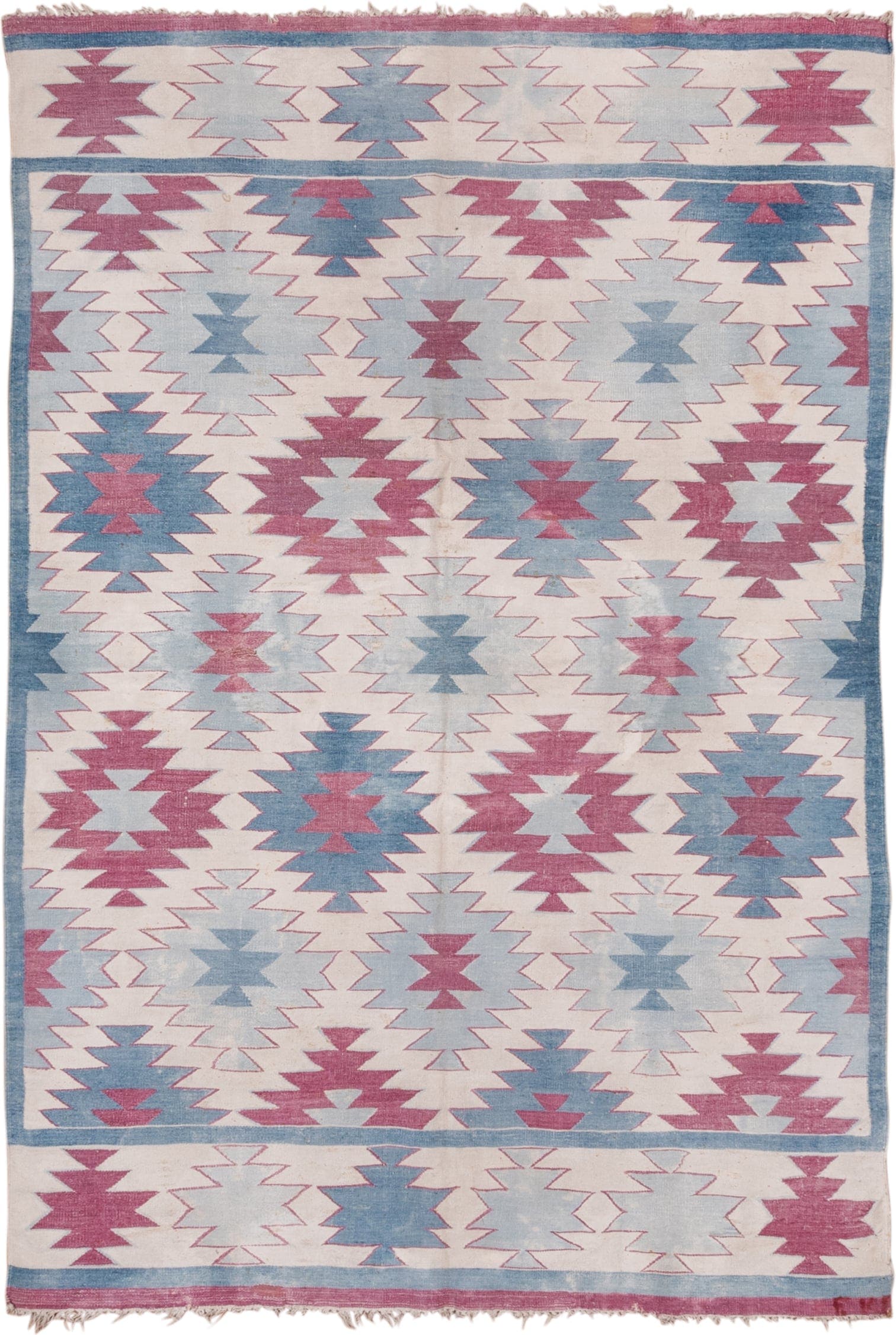 5' x 7' one-of-a-kind handmade antique Dhurrie rug. Color palette: ivory, sky blue, rose, dusty pink, light blue, pink, red