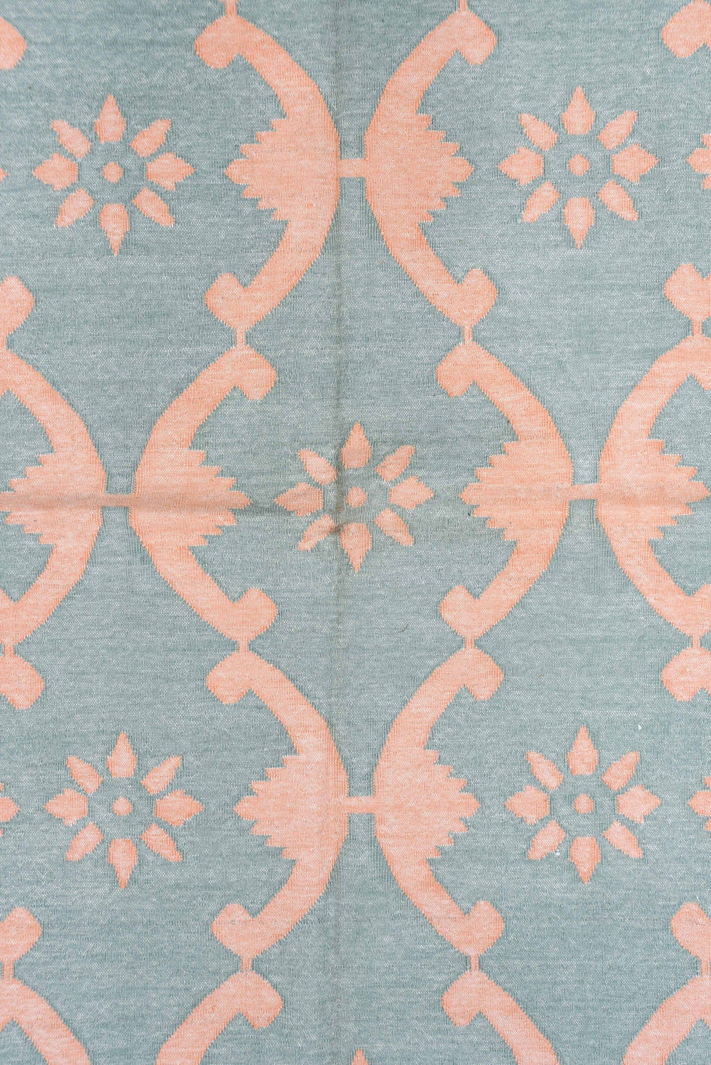 8' x 9' one-of-a-kind handmade vintage Dhurrie rug. Color palette: aqua, peach, ivory, teal, terracotta, pink