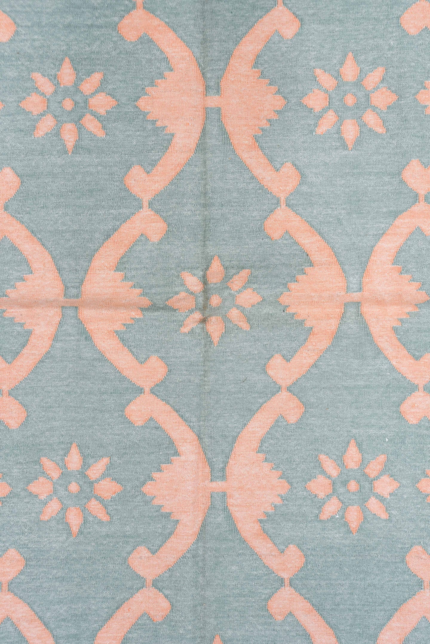 8' x 9' one-of-a-kind handmade vintage Dhurrie rug. Color palette: aqua, peach, ivory, teal, terracotta, pink
