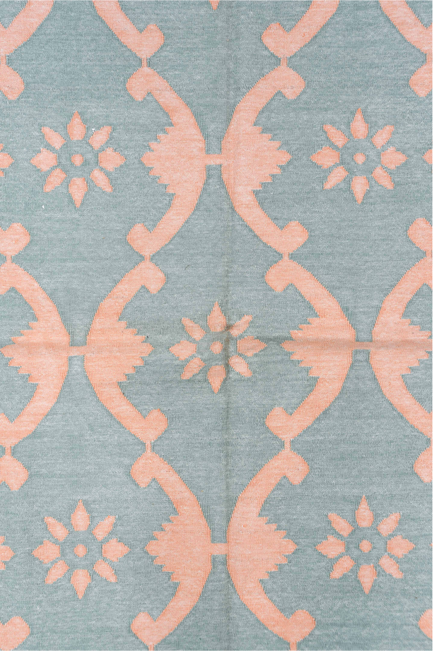 8' x 9' one-of-a-kind handmade vintage Dhurrie rug. Color palette: blue, dark gray, gray, light blue, light gray, off-white