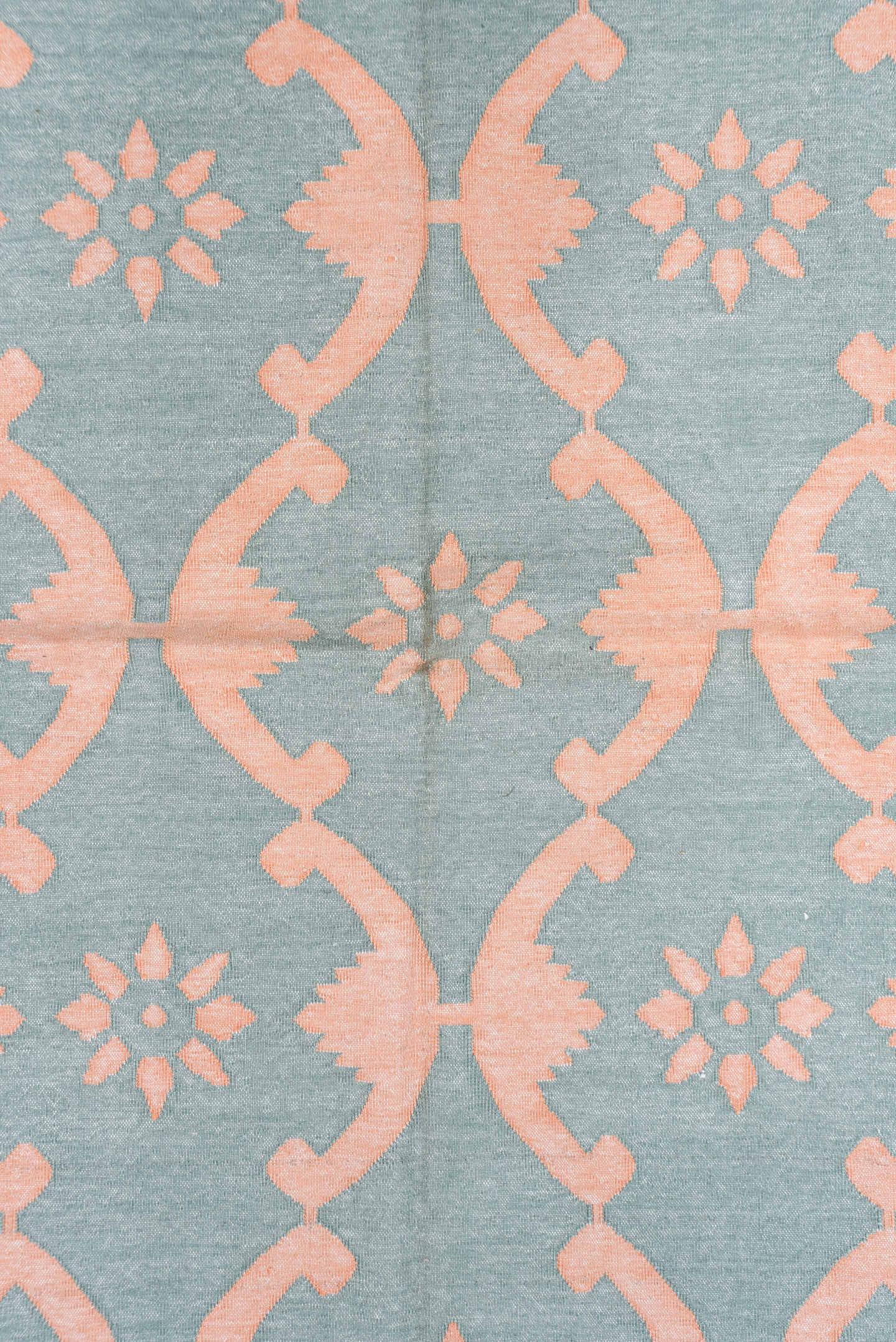 8' x 9' one-of-a-kind handmade vintage Dhurrie rug. Color palette: aqua, peach, ivory, teal, terracotta, pink