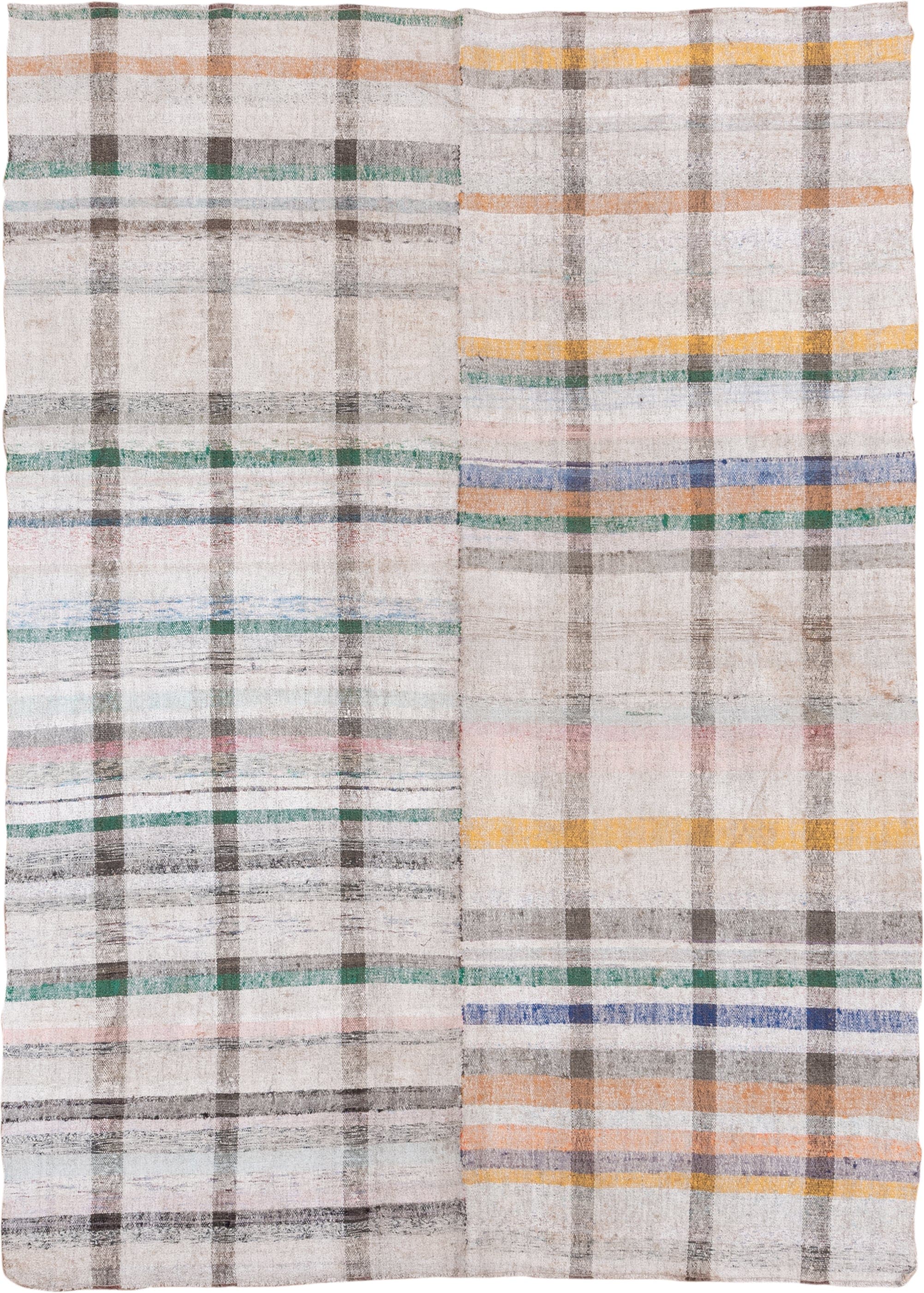 6' x 8' one-of-a-kind handmade antique Rag Rug medium size rug. Color palette: ivory, taupe, charcoal, sage, saffron, peach
