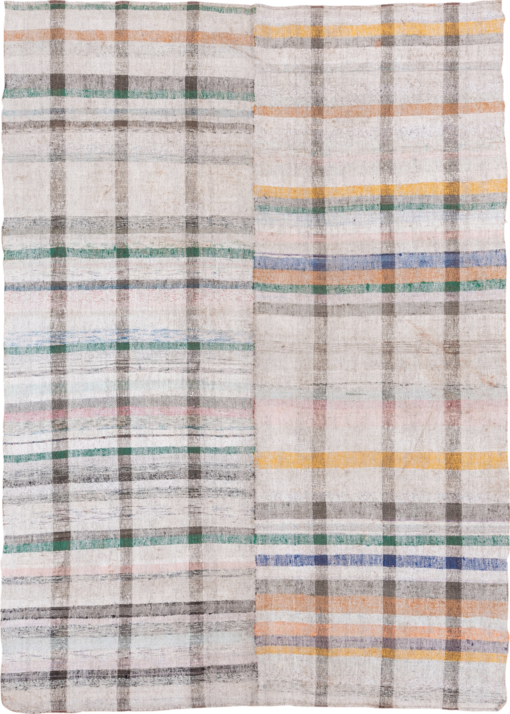 6' x 8' one-of-a-kind handmade vintage Rag Rug medium size rug. Color palette: blue, brown, dark gray, gray, light gray