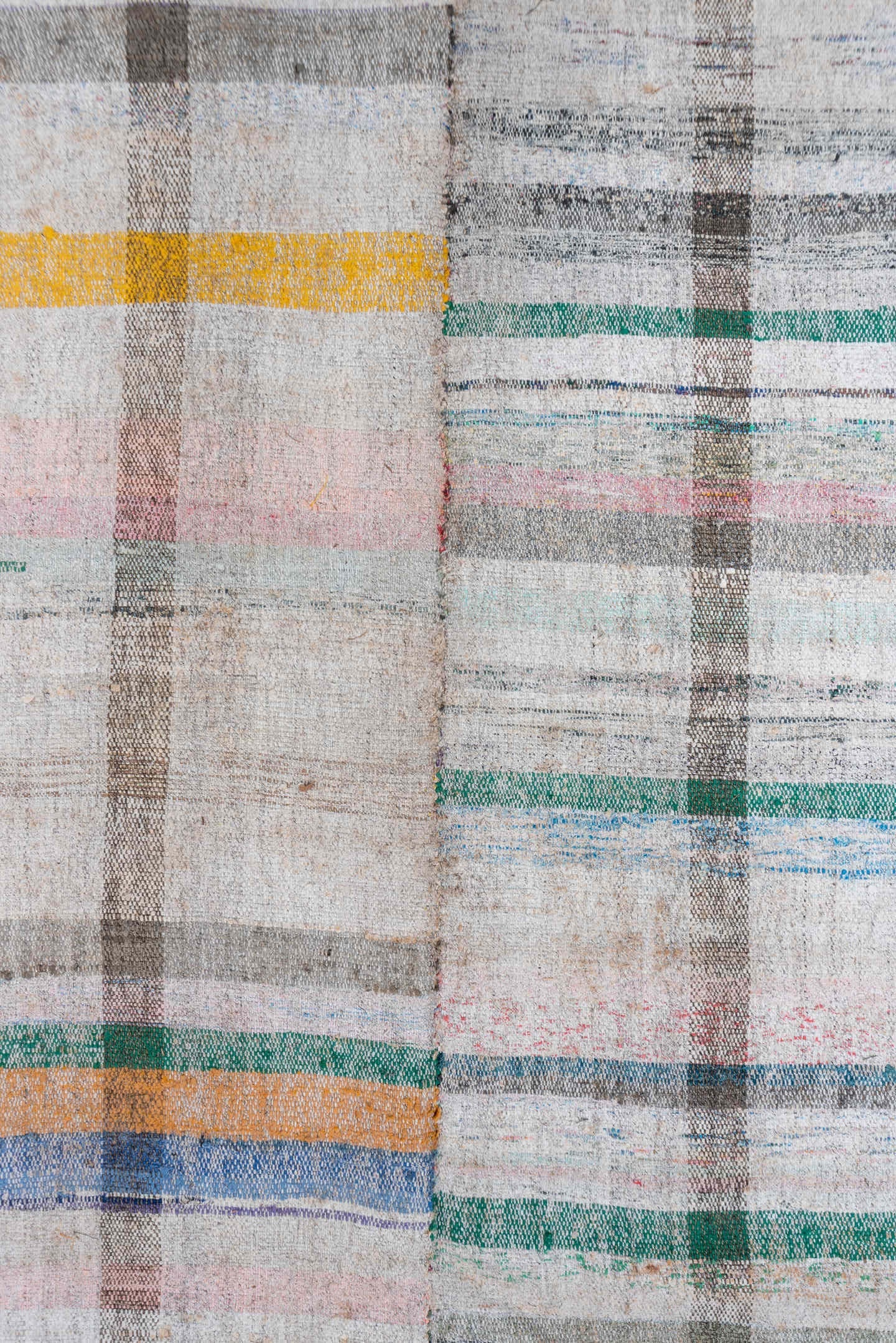 6' x 8' one-of-a-kind handmade antique Rag Rug medium size rug. Color palette: ivory, taupe, charcoal, sage, saffron, peach