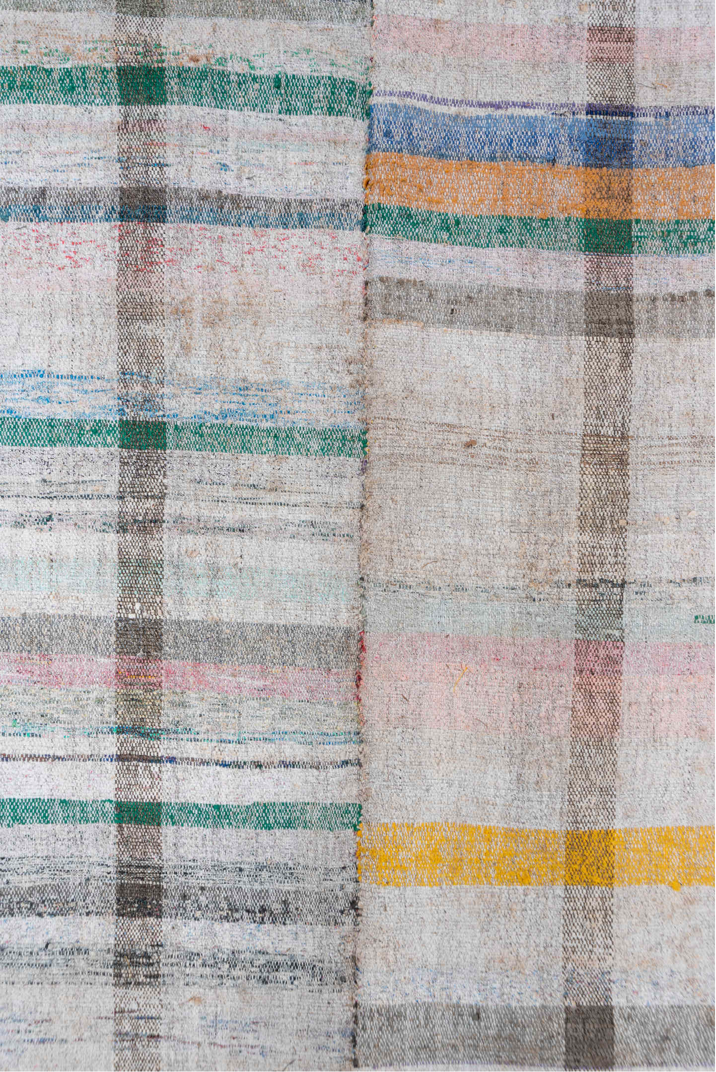 6' x 8' one-of-a-kind handmade vintage Rag Rug medium size rug. Color palette: blue, brown, dark gray, gray, light gray