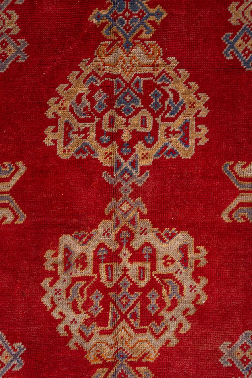10' x 15' one-of-a-kind handmade antique Oushak rug. Color palette: rust, ivory, gold, blue, crimson, camel, terracotta
