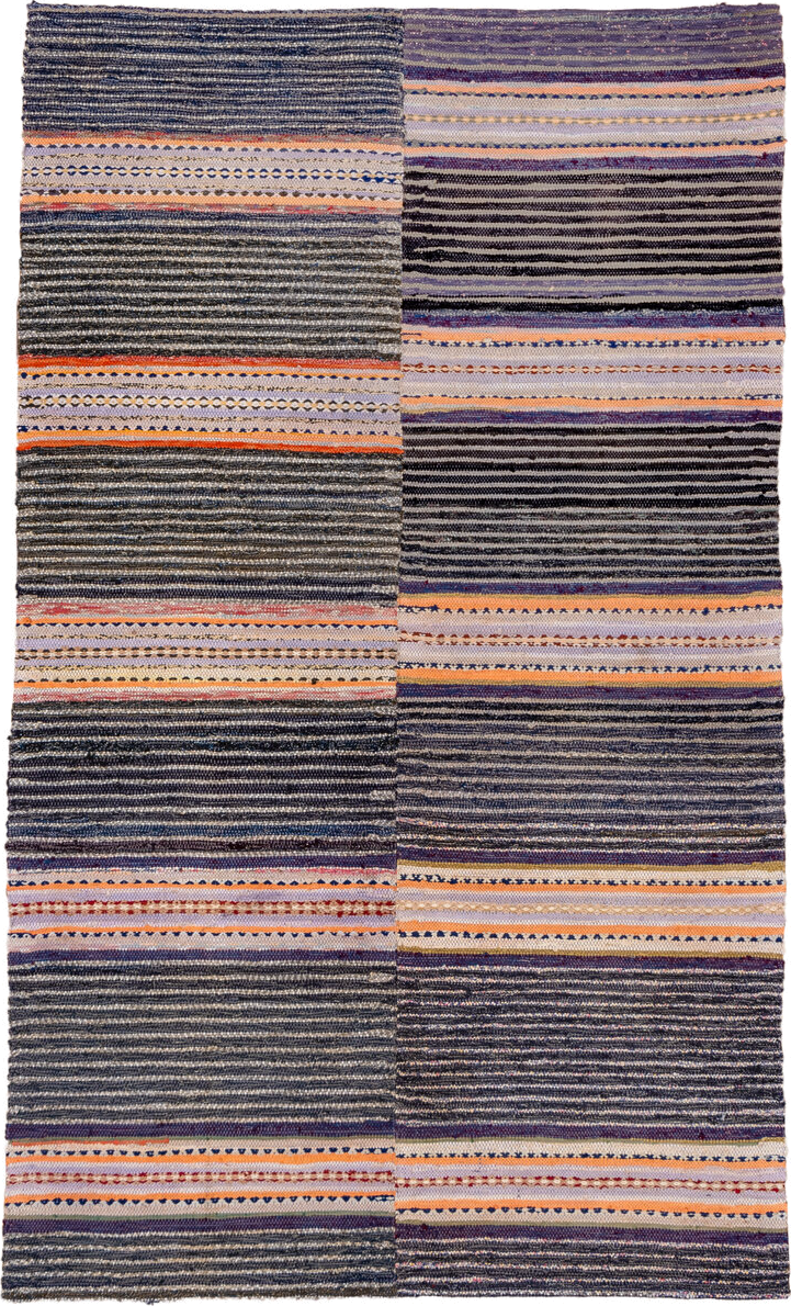 4' x 7' one-of-a-kind handmade vintage Rag Rug rug. Color palette: black, blue, brown, gray, light gray, off-white, orange