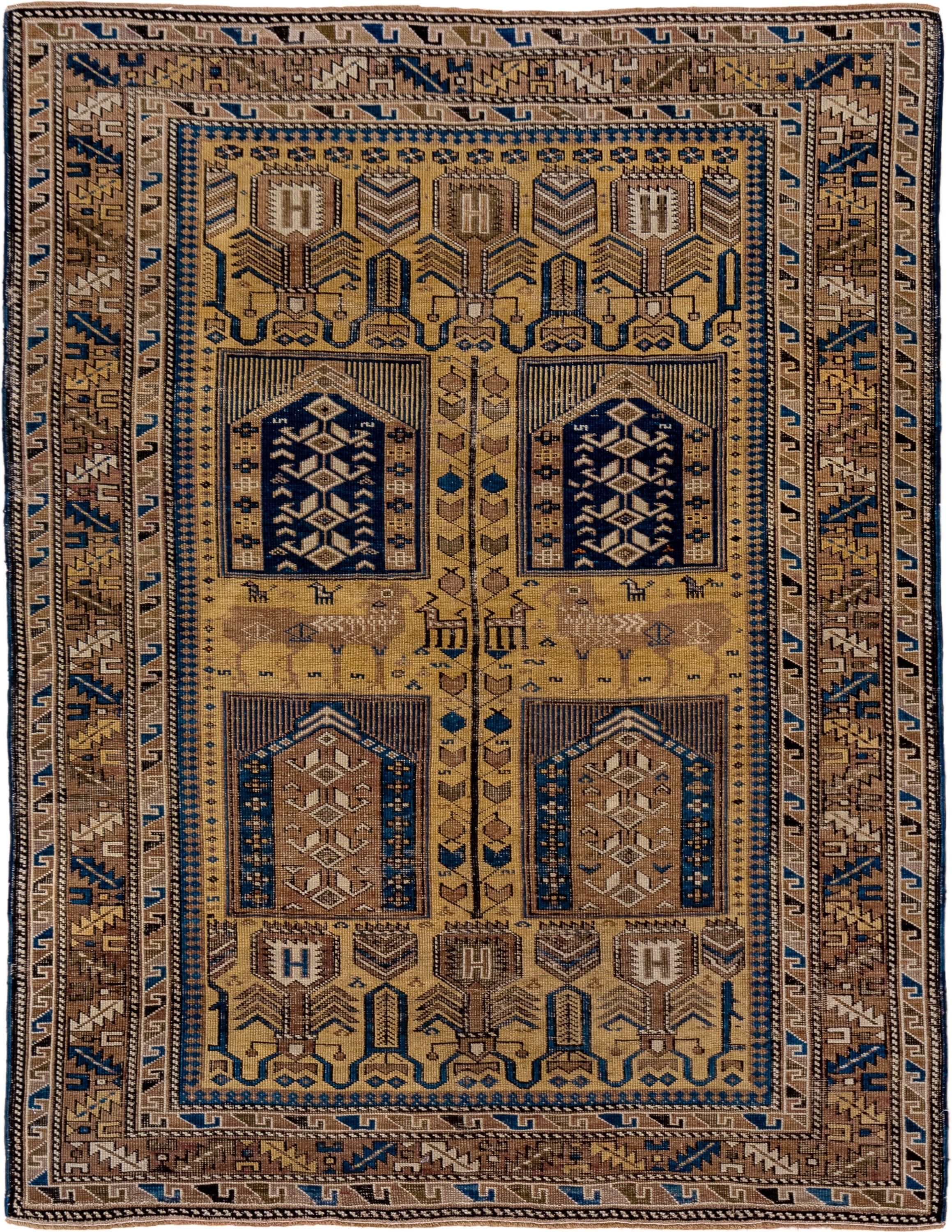 4' x 5' one-of-a-kind handmade antique Cabistan small size rug. Color palette: camel, brown, navy, ivory, taupe, charcoal