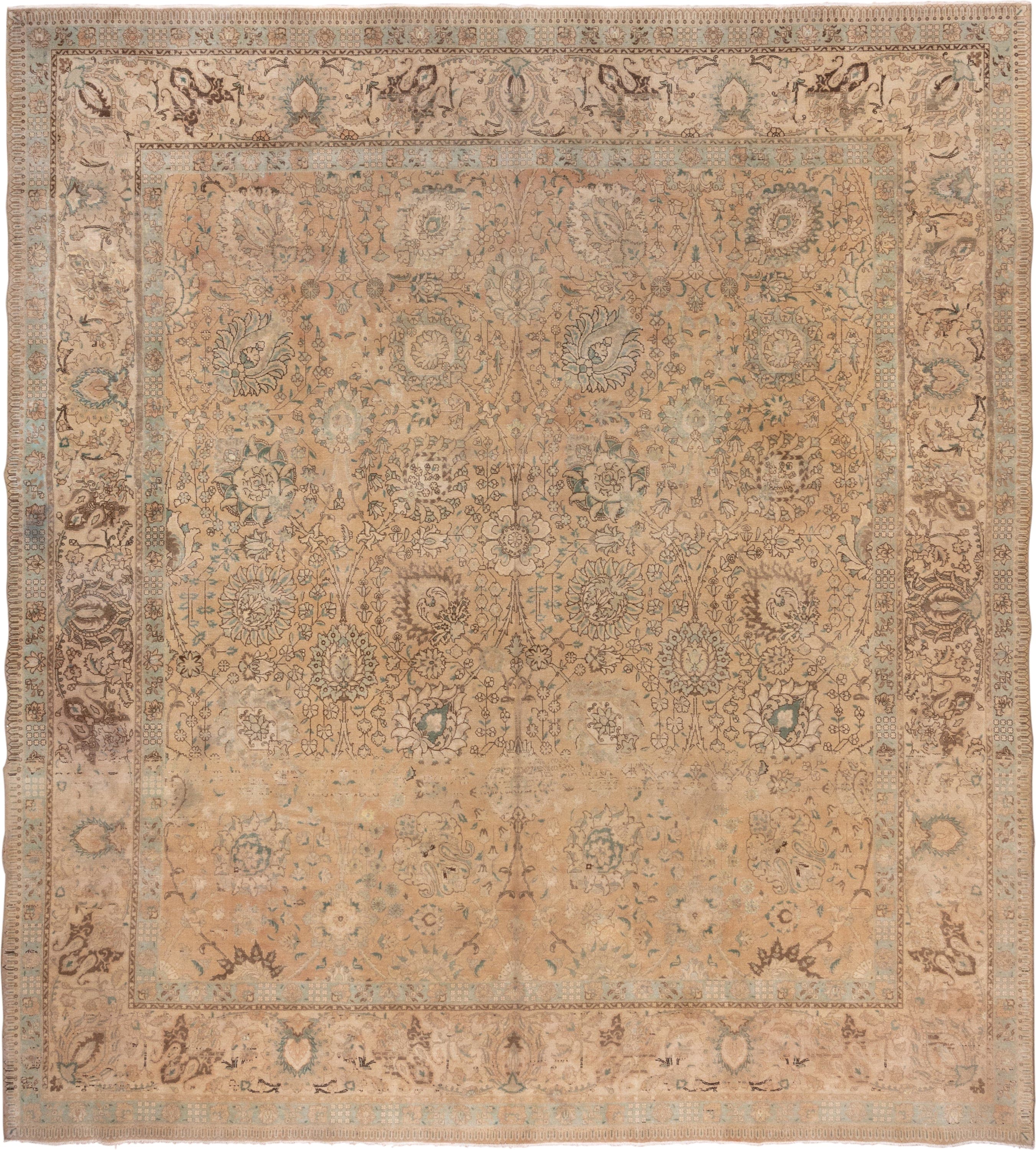 11' x 12' one-of-a-kind handmade antique Sivas oversize rug. Color palette: beige, ivory, taupe, camel, pale aqua, brown