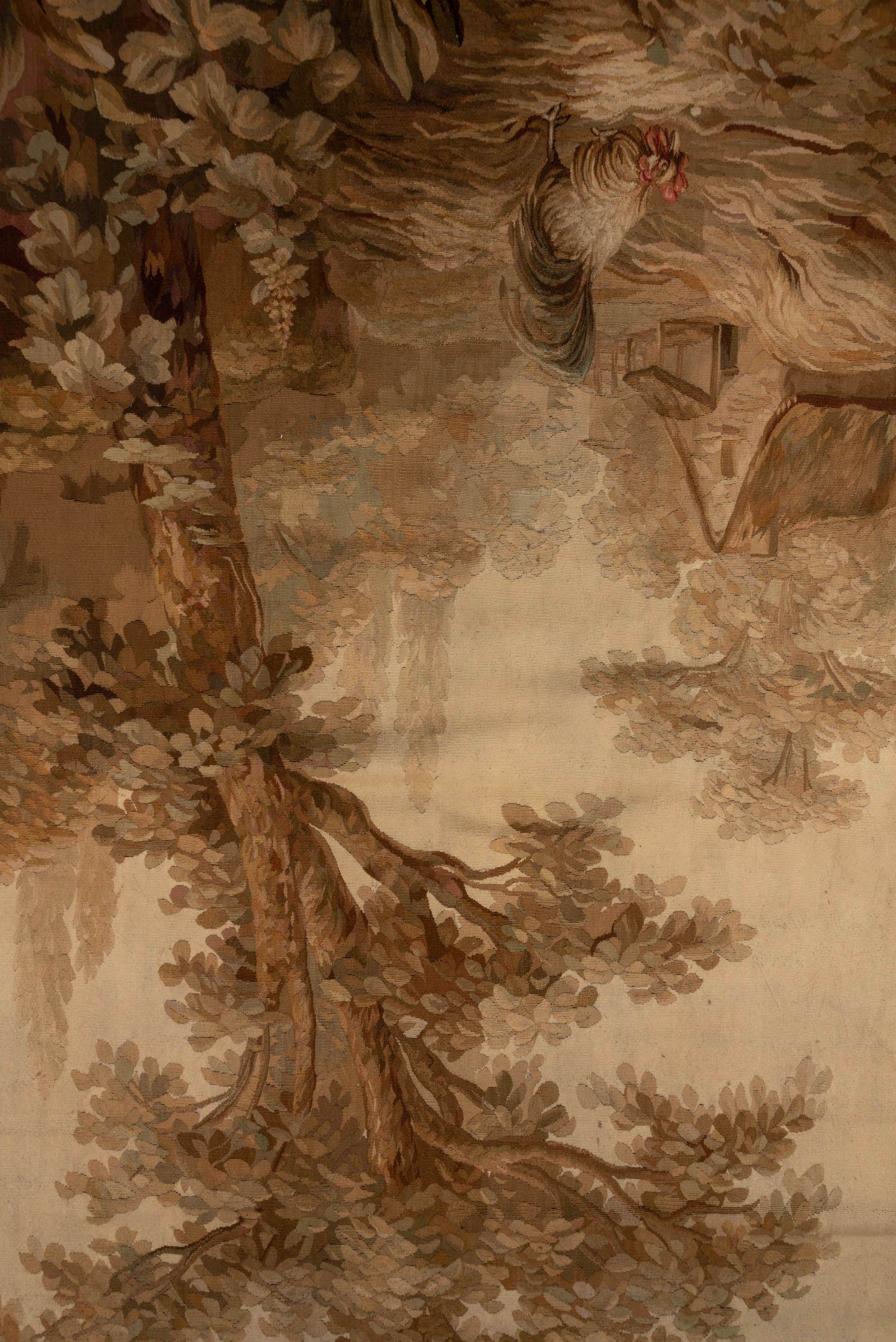 4' x 10' one-of-a-kind handmade vintage Tapestry runner rug. Color palette: beige, taupe, brown, camel, ivory, mahogany