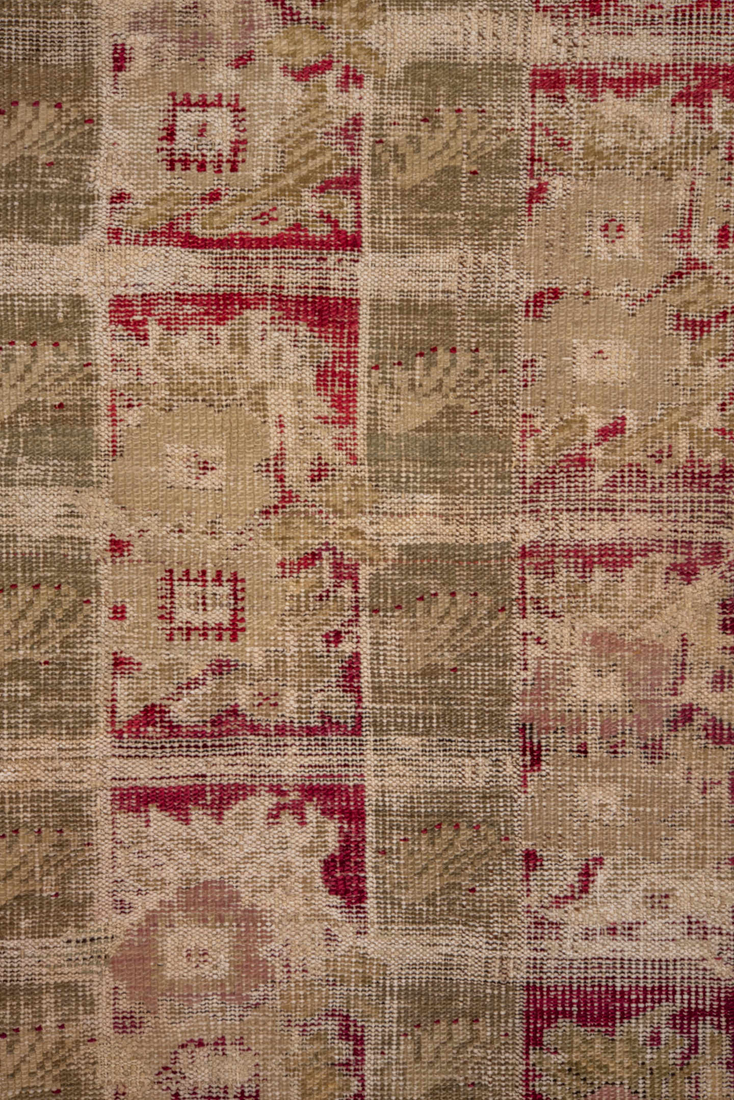 3' x 5' one-of-a-kind handmade antique Ghordes small size rug. Color palette: ivory, crimson, taupe, olive, rose, beige, red