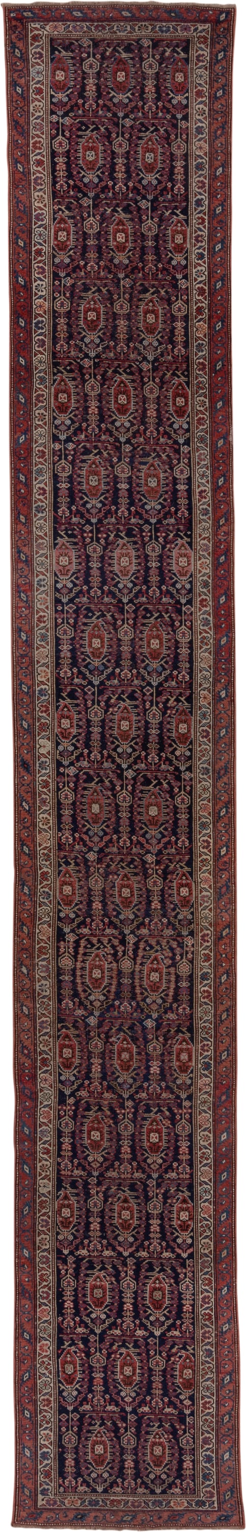 2' x 17' one-of-a-kind handmade antique NW Persian runner rug. Color palette: navy, rust, ivory, crimson, slate, camel, blue