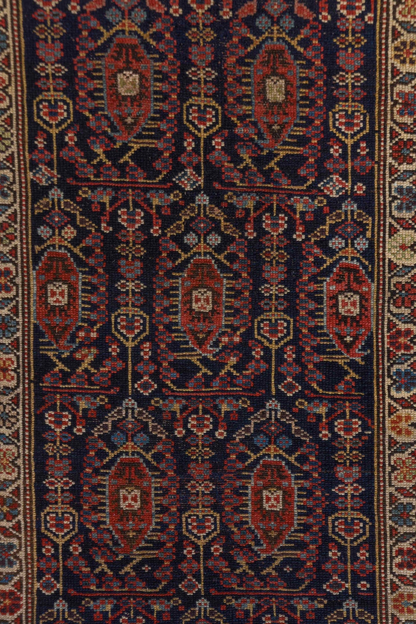 2' x 17' one-of-a-kind handmade antique NW Persian runner rug. Color palette: navy, rust, ivory, crimson, slate, camel, blue