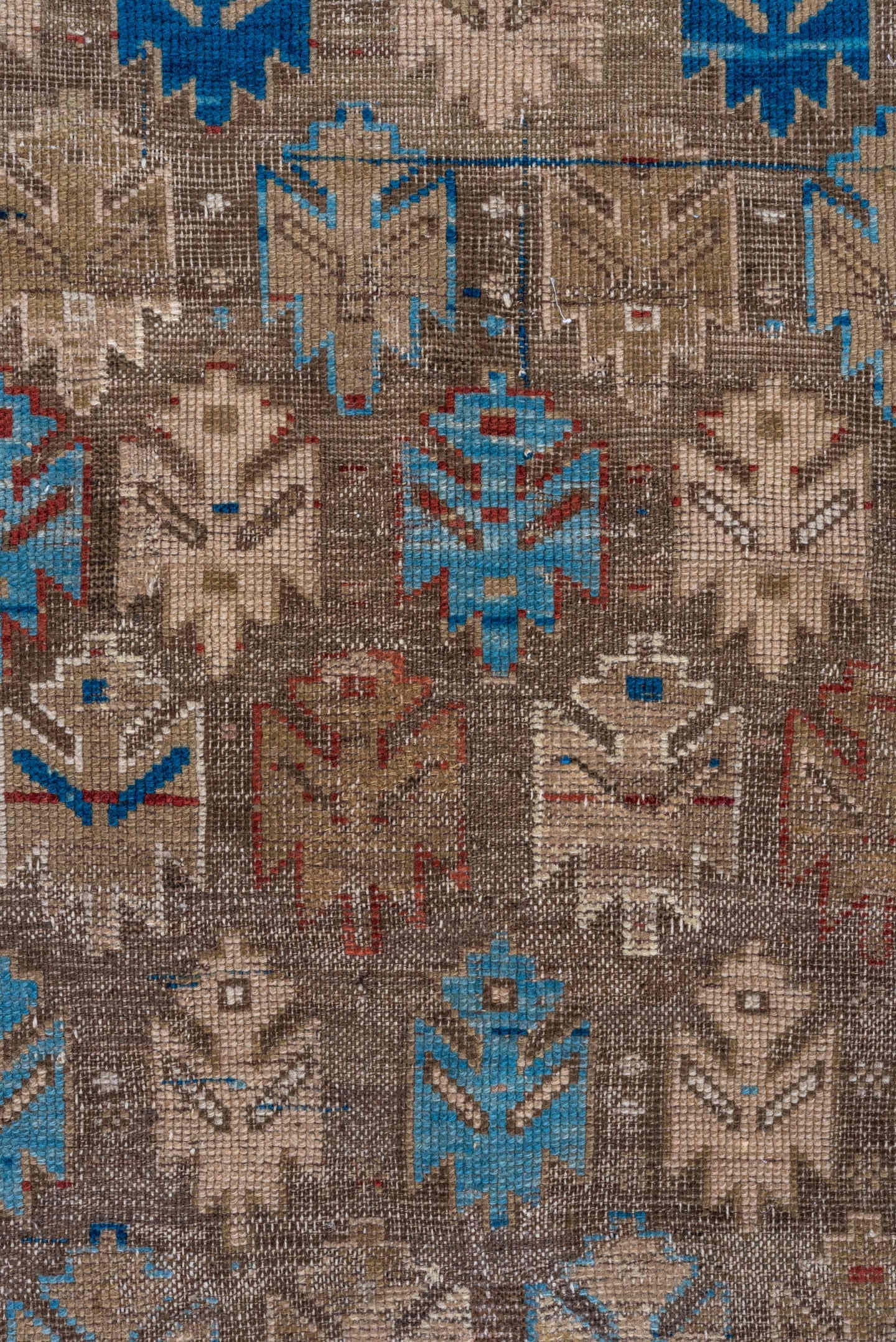 3' x 4' one-of-a-kind handmade vintage Caucasian small size rug. Color palette: taupe, ivory, sky_blue, rust, camel, navy