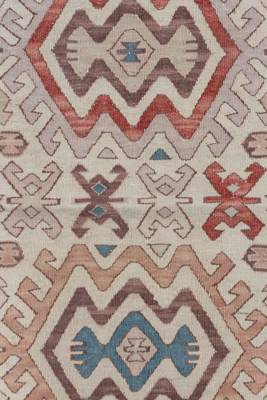 2' x 4' one-of-a-kind handmade antique Kilim small size rug. Color palette: ivory, brown, rust, blue, taupe, rose