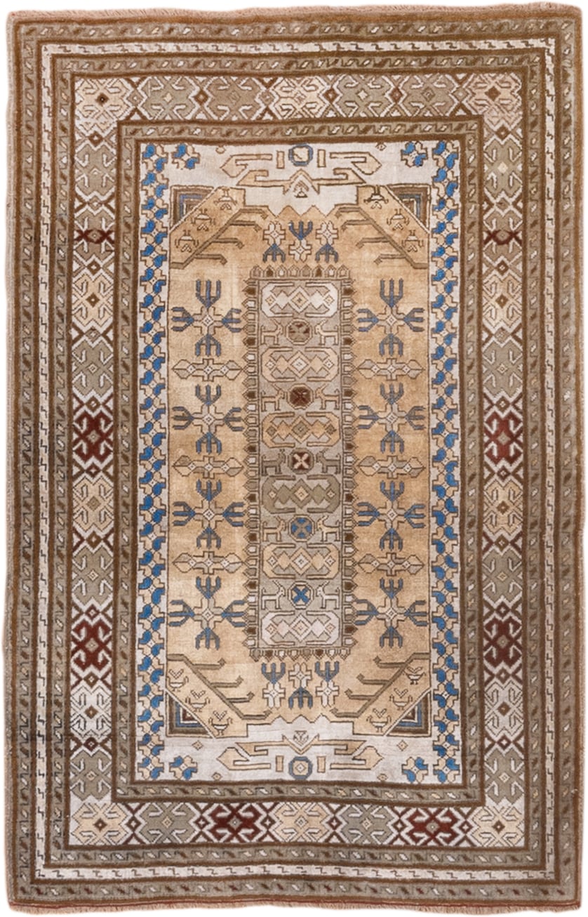 2' x 4' one-of-a-kind handmade vintage Sivas small size rug. Color palette: ivory, taupe, camel, brown, blue, rust, beige