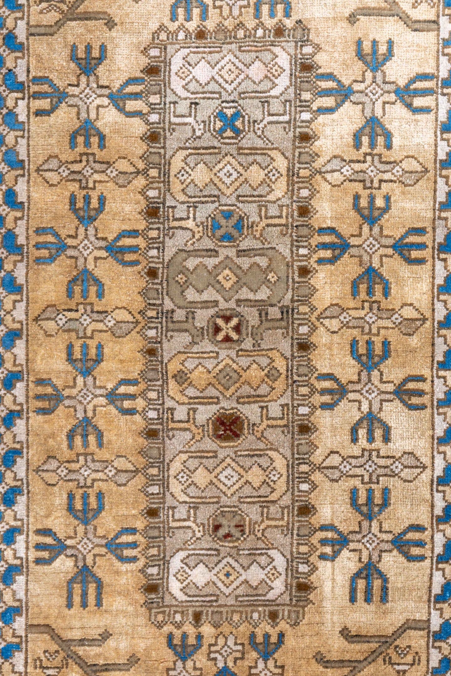 2' x 4' one-of-a-kind handmade vintage Sivas small size rug. Color palette: ivory, taupe, camel, brown, blue, rust, beige
