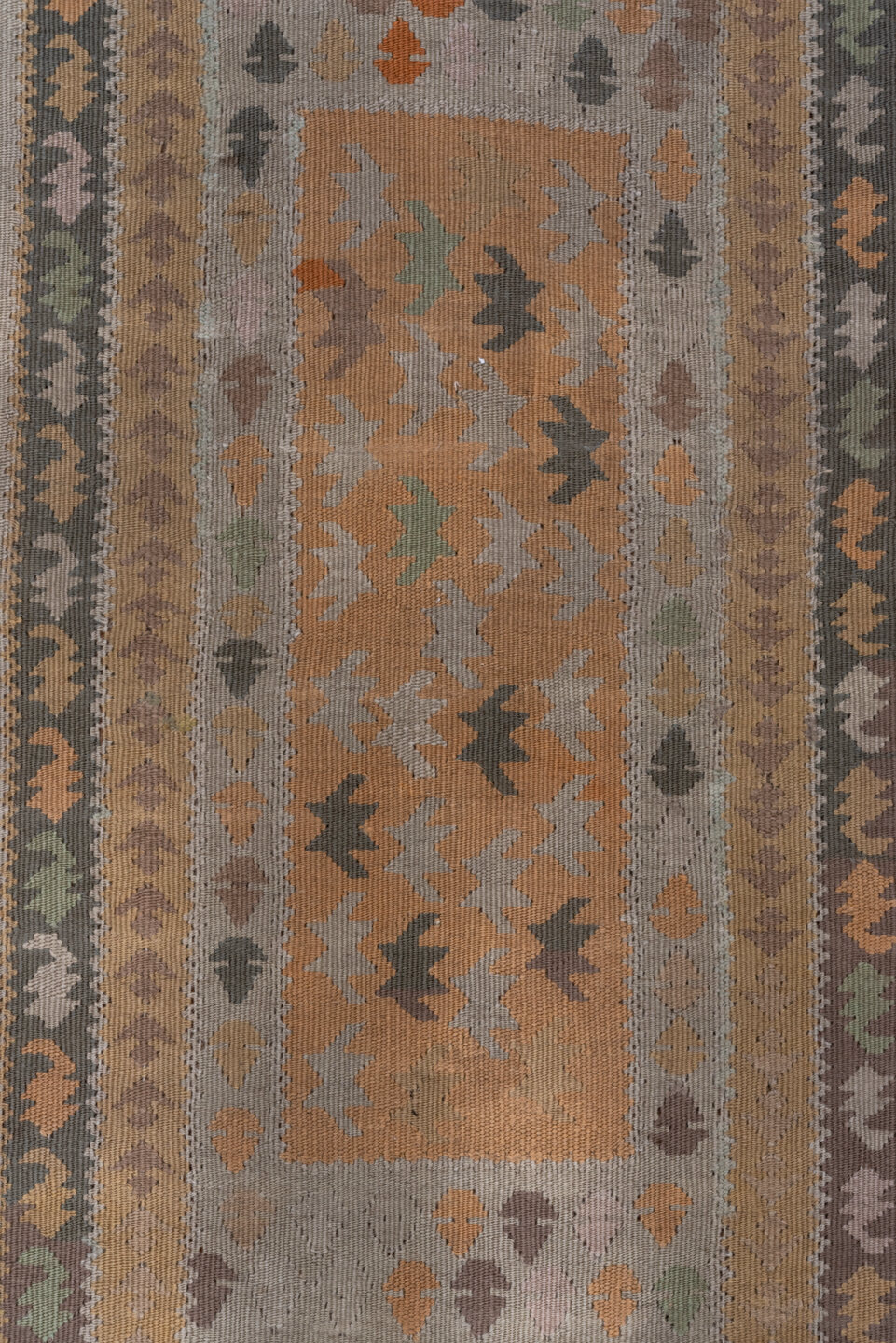 3' x 5' one-of-a-kind handmade antique Belouch small size rug. Color palette: taupe, camel, ivory, sage, terra cotta