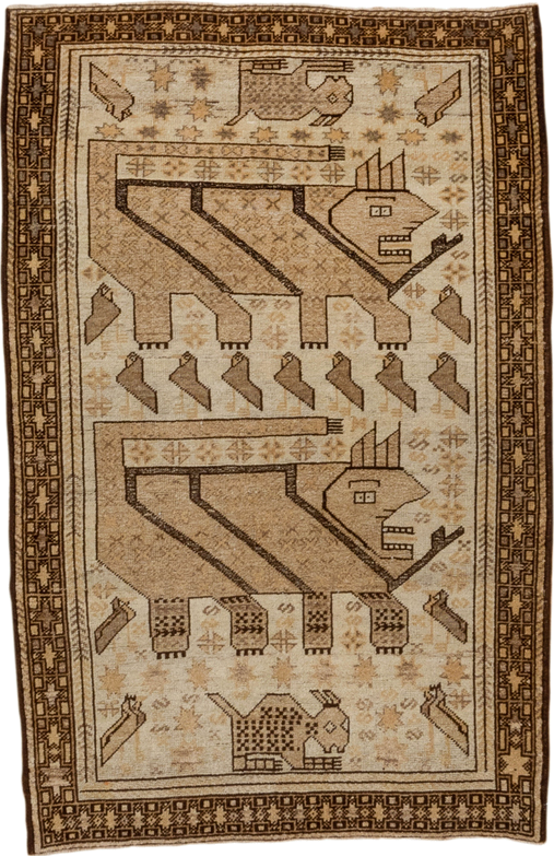 3' x 4' one-of-a-kind handmade vintage Belouch small size rug. Color palette: brown, gray, light gray, off-white