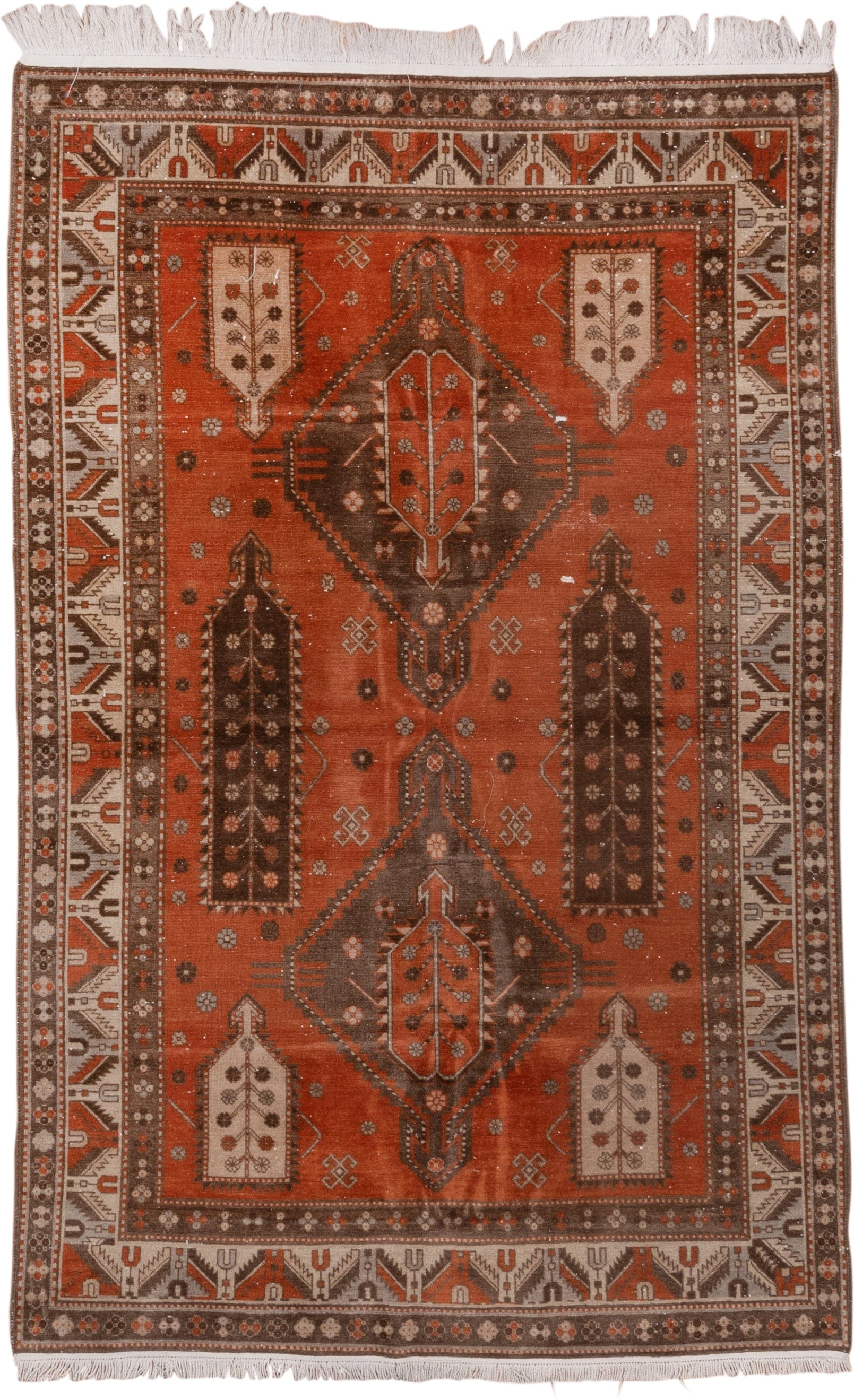 4' x 7' one-of-a-kind handmade vintage Caucasian rug. Color palette: terra cotta, ivory, brown, rust, taupe, charcoal, camel