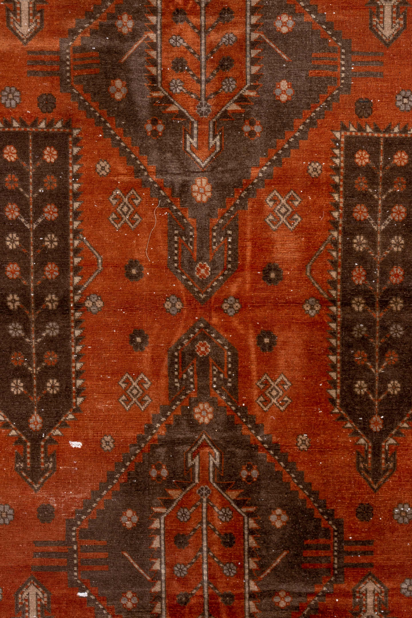 4' x 7' one-of-a-kind handmade vintage Caucasian rug. Color palette: terra cotta, ivory, brown, rust, taupe, charcoal, camel