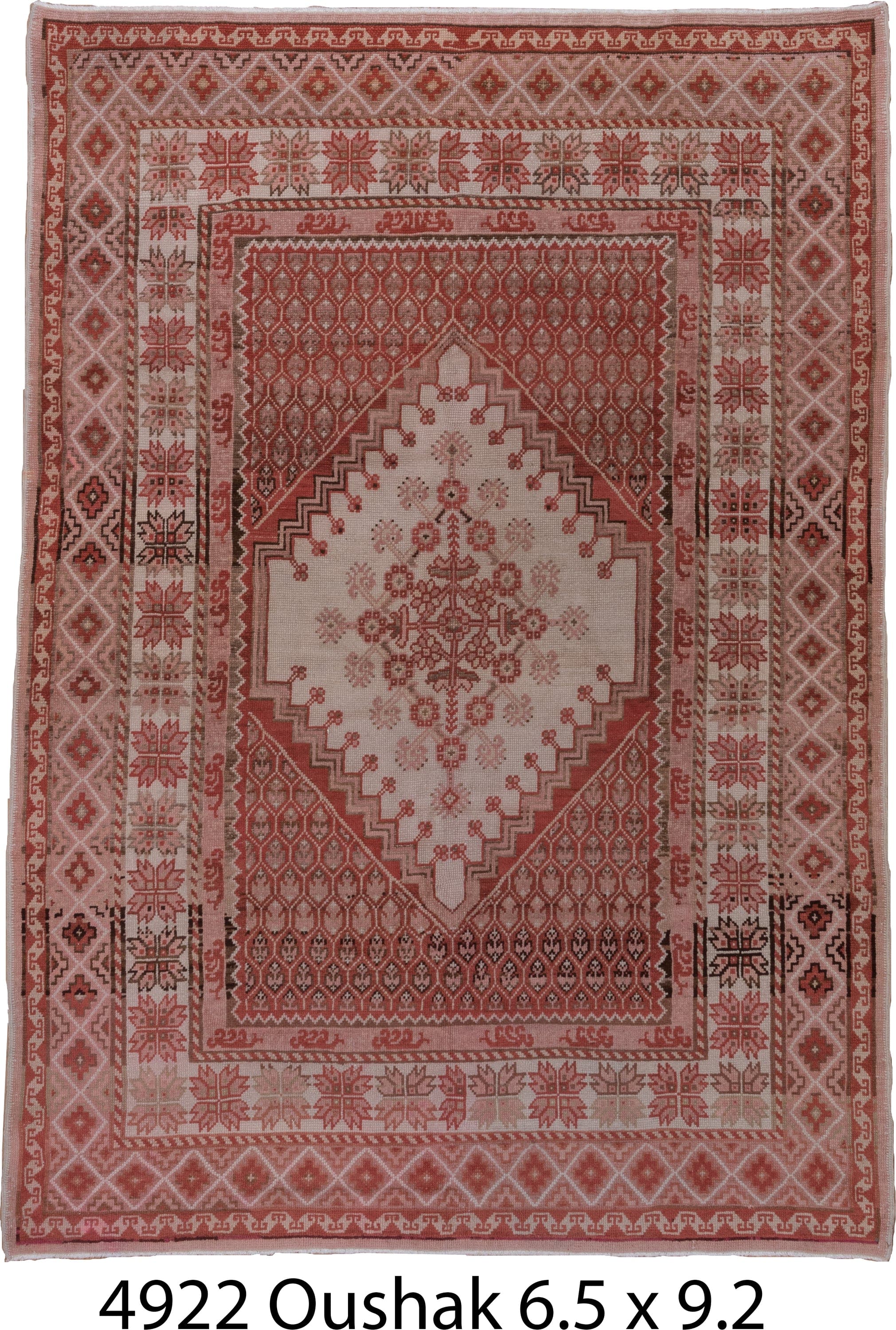 6' x 9' one-of-a-kind handmade antique Oushak medium size rug. Color palette: rose, terracotta, ivory, dusty pink, taupe