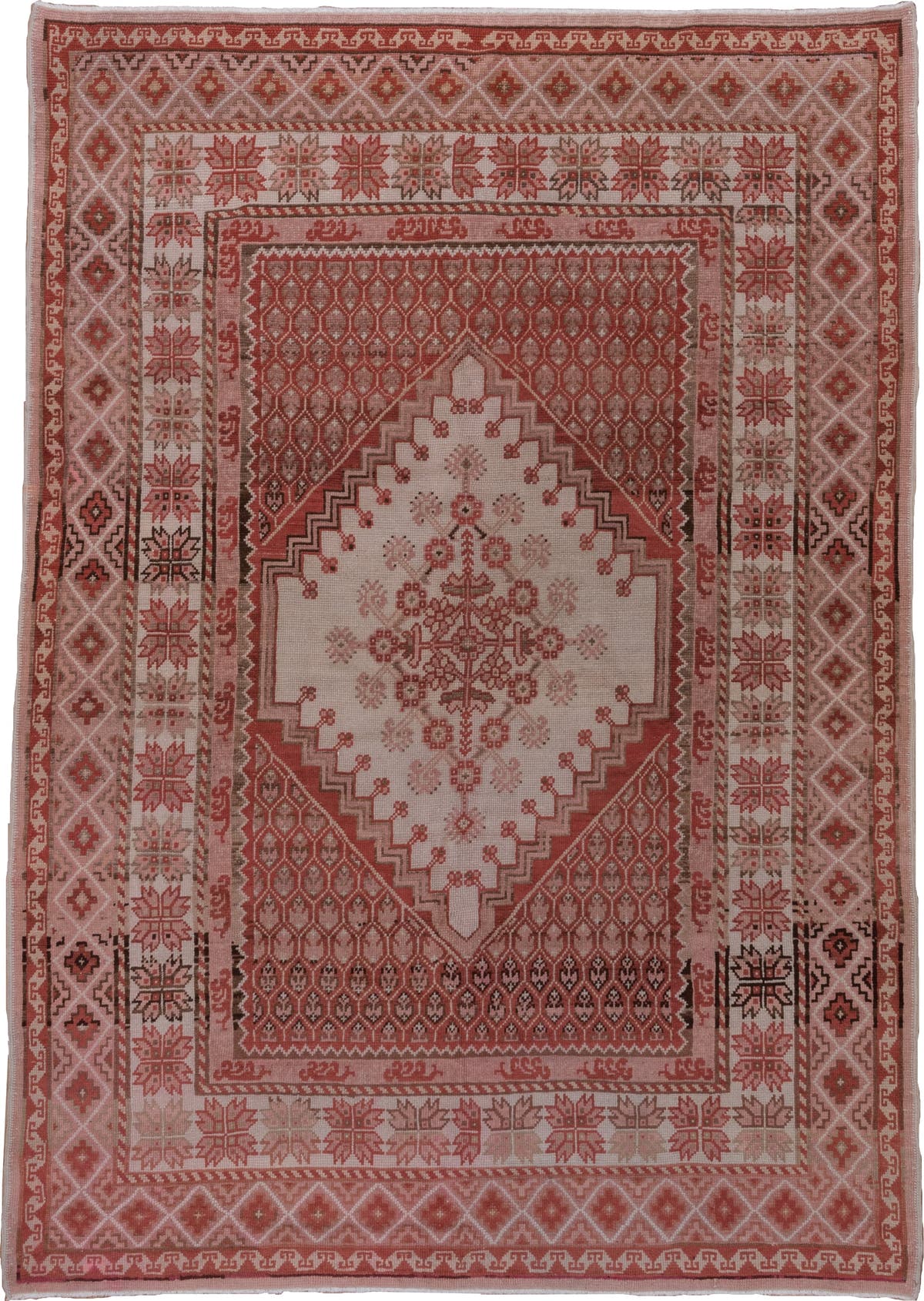 6' x 9' one-of-a-kind handmade antique Oushak medium size rug. Color palette: rose, terracotta, ivory, dusty pink, taupe