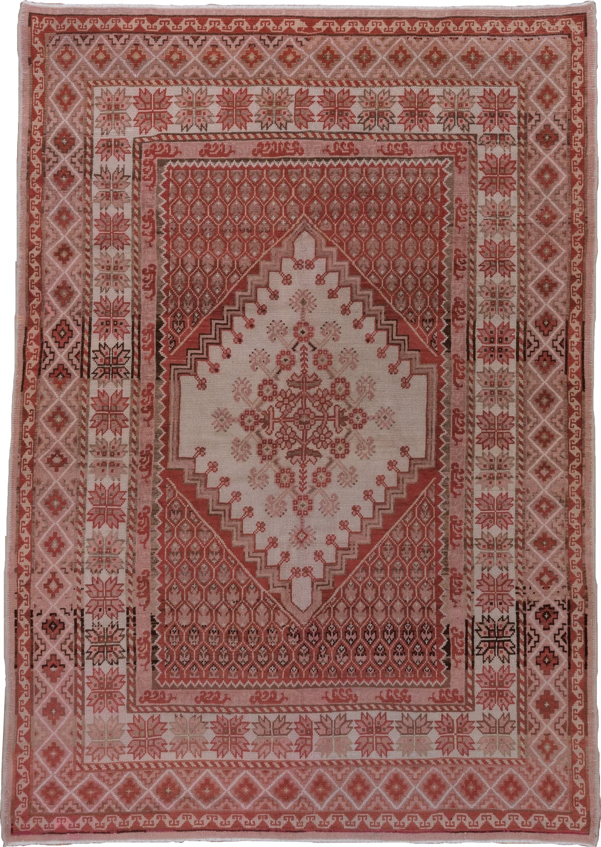 6' x 9' one-of-a-kind handmade antique Oushak medium size rug. Color palette: rose, terracotta, ivory, dusty pink, taupe