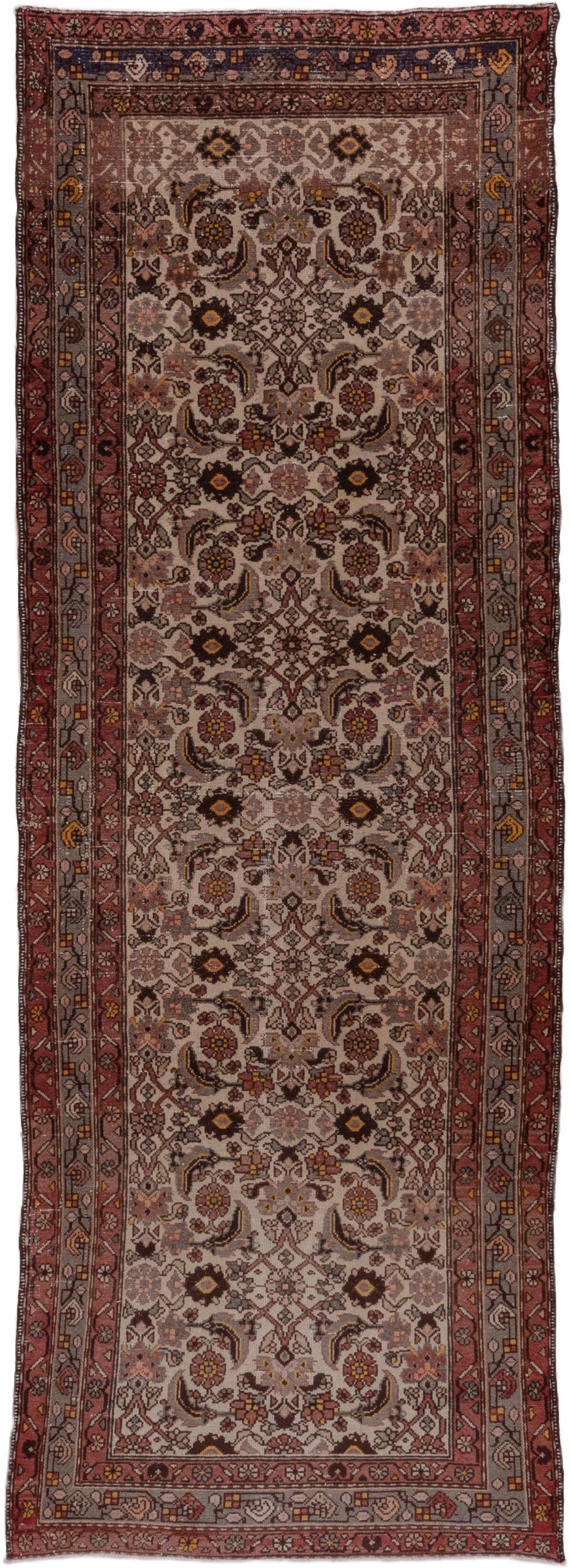 3' x 10' one-of-a-kind handmade antique Malayer runner rug. Color palette: ivory, rust, rose, slate, burgundy, taupe, gold