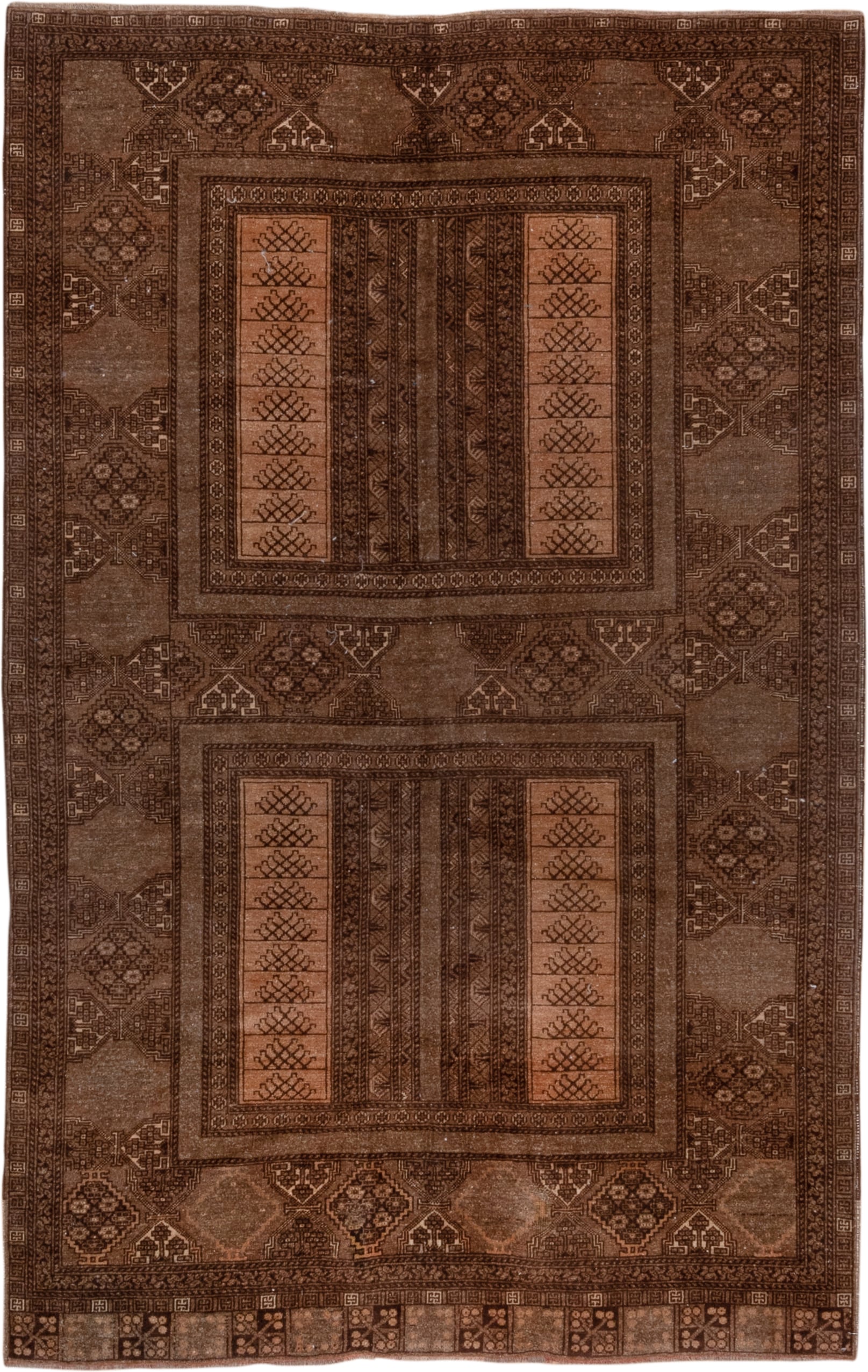 5' x 8' one-of-a-kind handmade antique Afghan medium size rug. Color palette: brown, camel, taupe, mahogany, tan, charcoal
