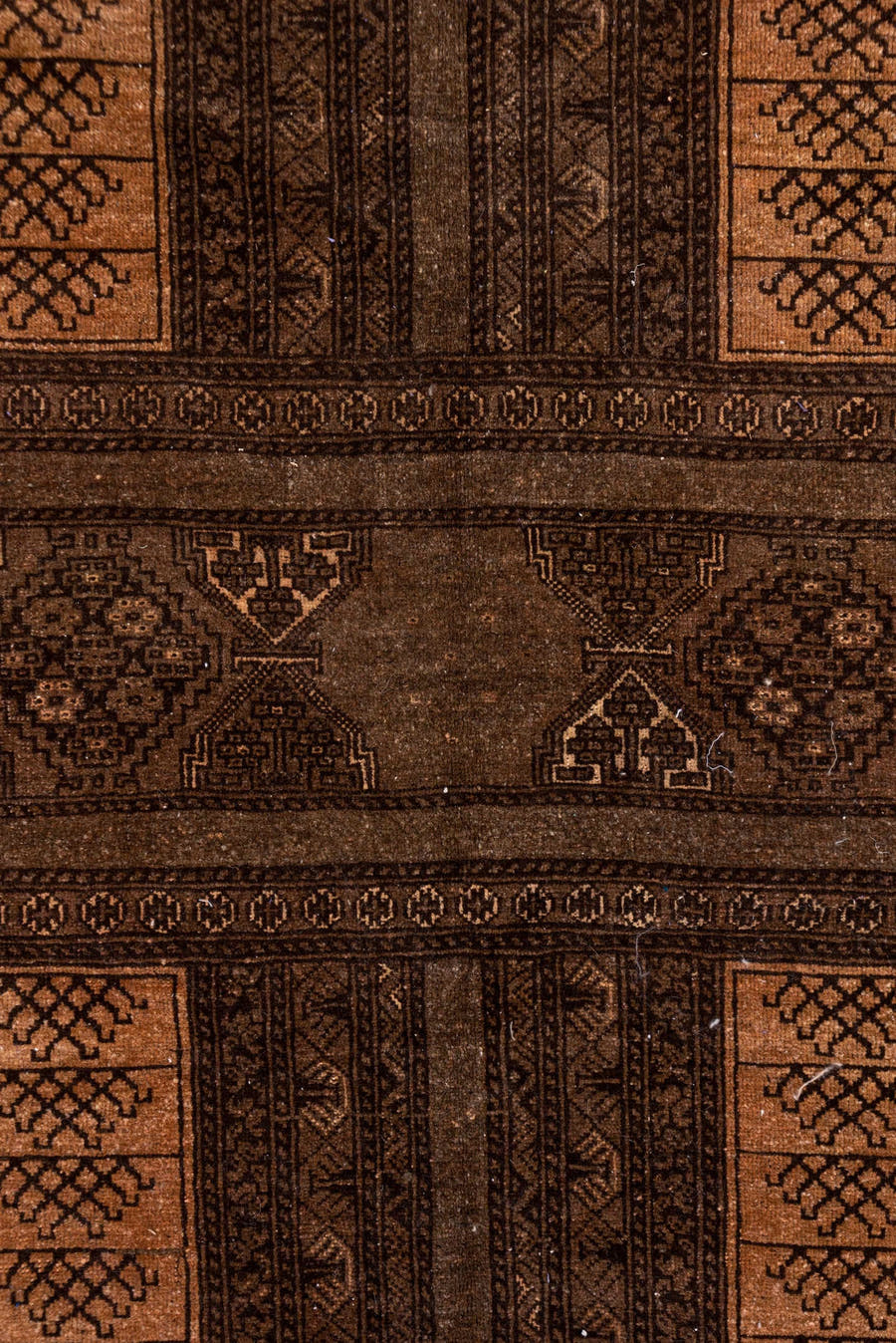 5' x 8' one-of-a-kind handmade antique Afghan medium size rug. Color palette: brown, camel, taupe, mahogany, tan, charcoal
