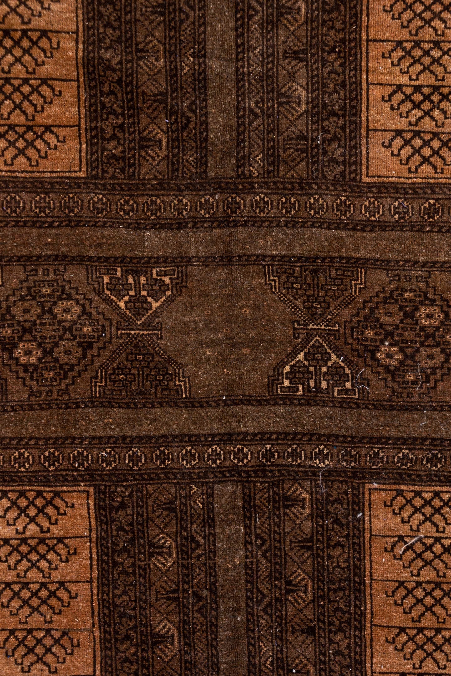5' x 8' one-of-a-kind handmade antique Afghan medium size rug. Color palette: brown, camel, taupe, mahogany, tan, charcoal