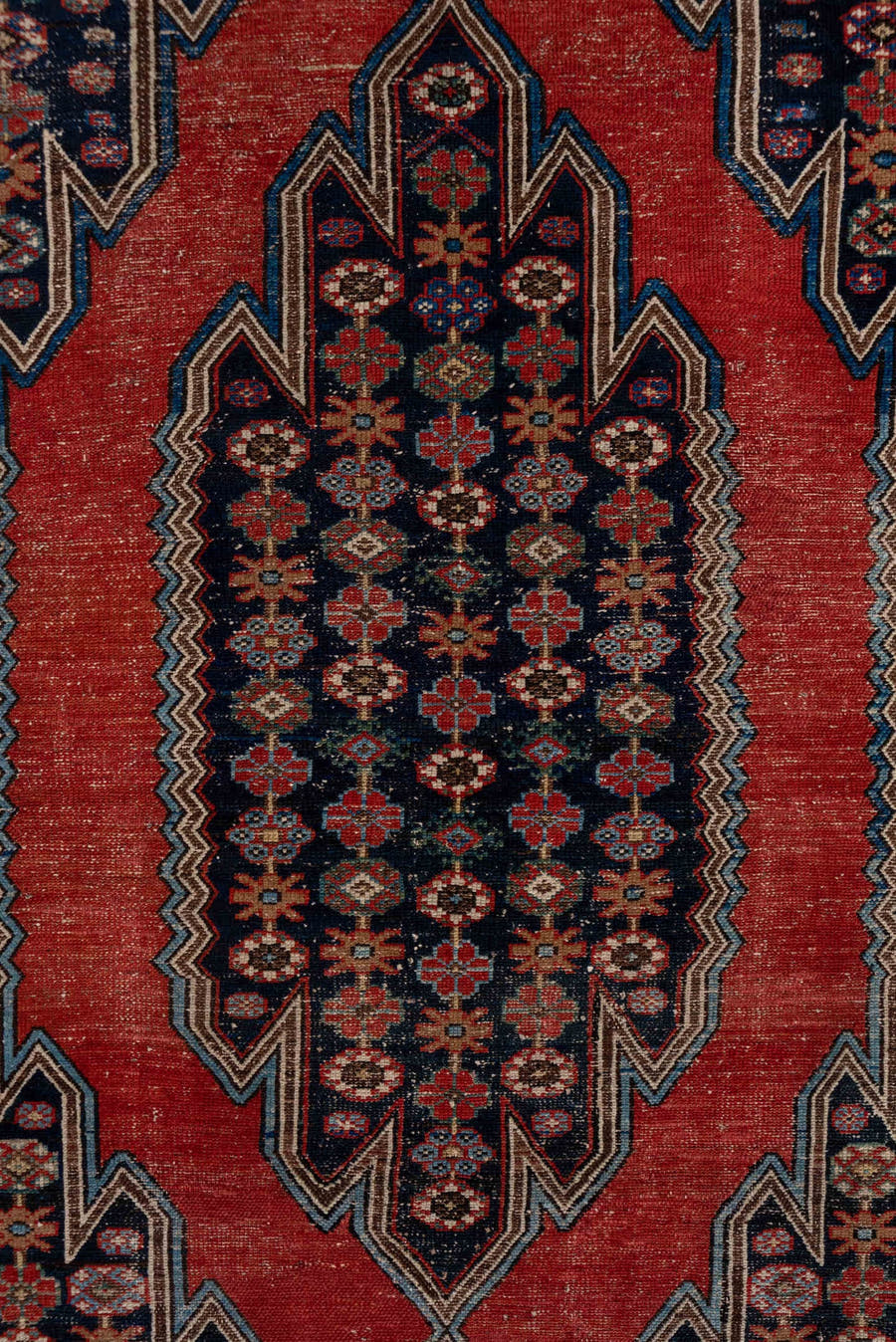4' x 6' one-of-a-kind handmade antique Malayer small size rug. Color palette: rust, ivory, navy, burgundy, sky_blue, camel