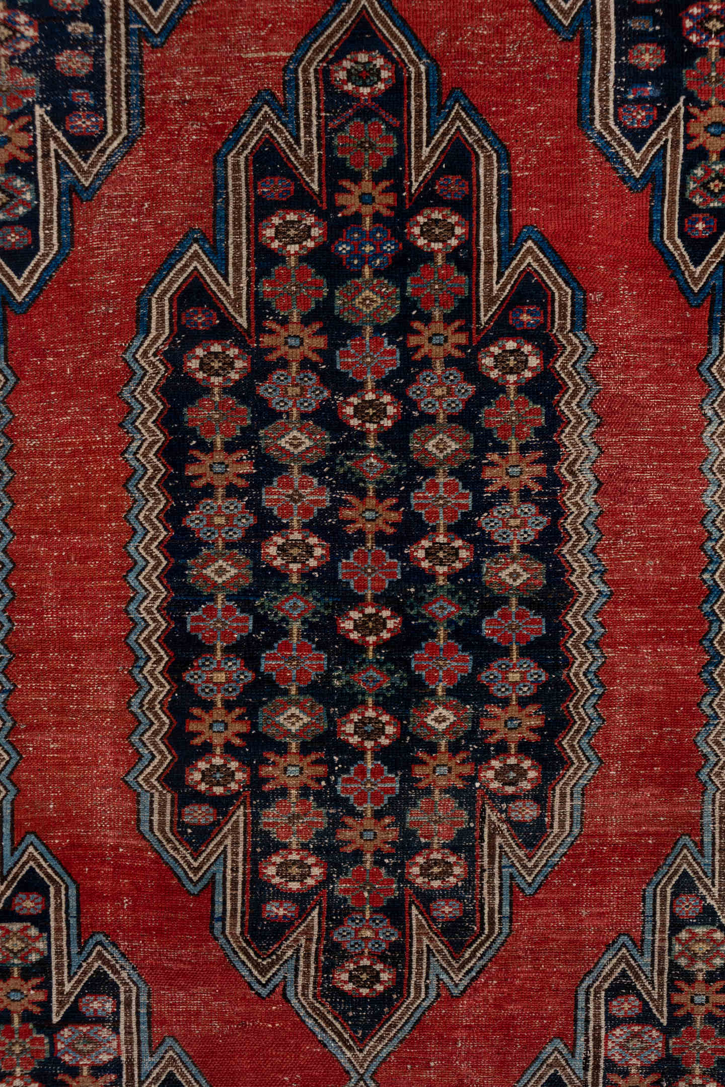 4' x 6' one-of-a-kind handmade antique Malayer small size rug. Color palette: rust, ivory, navy, burgundy, sky_blue, camel