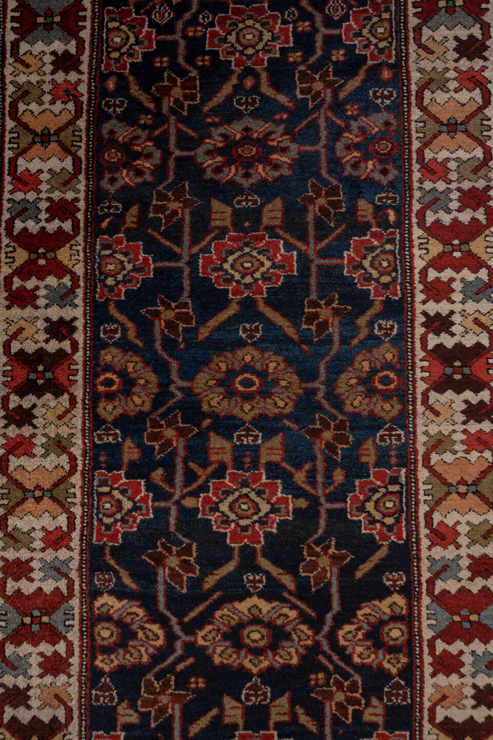 3' x 12' one-of-a-kind handmade antique Malayer runner rug. Color palette: navy, ivory, rust, camel, burgundy, taupe, brown