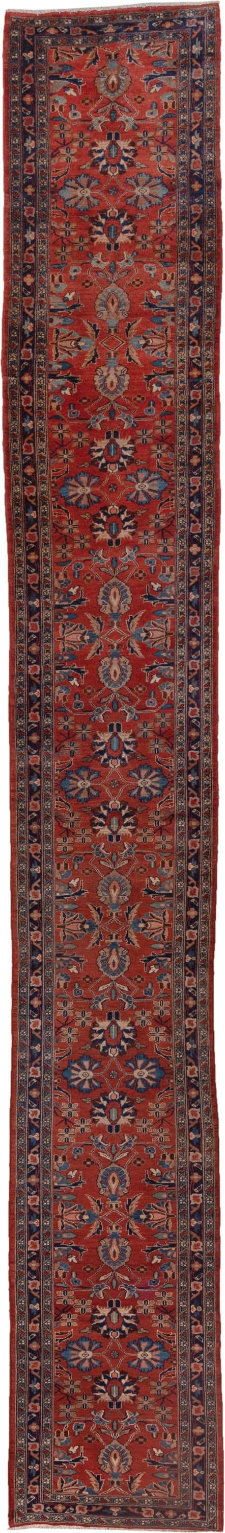 2' x 19' one-of-a-kind handmade antique Lilian runner rug. Color palette: rust, navy, ivory, camel, slate, terracotta, brown