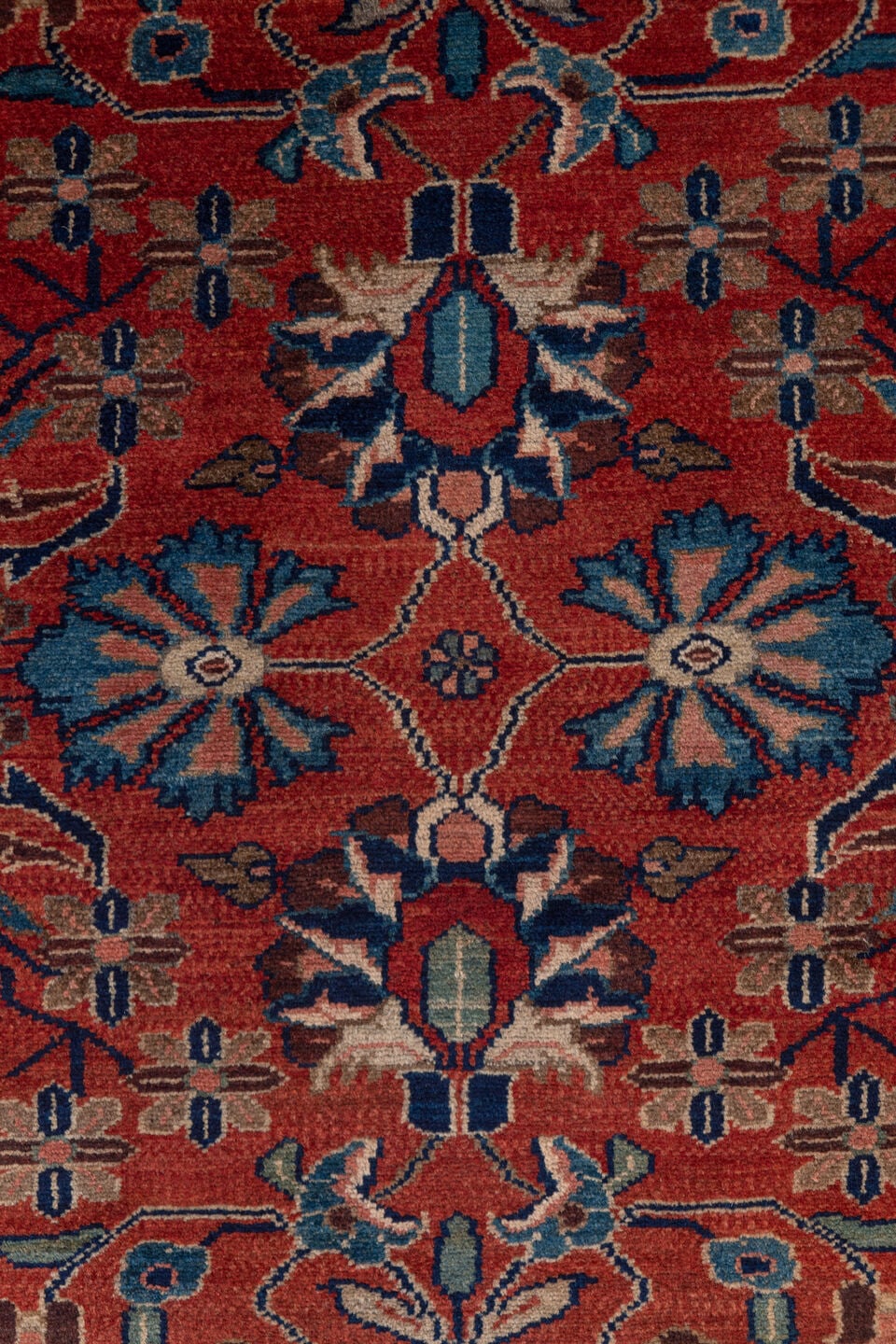 2' x 19' one-of-a-kind handmade antique Lilian runner rug. Color palette: rust, navy, ivory, camel, slate, terracotta, brown
