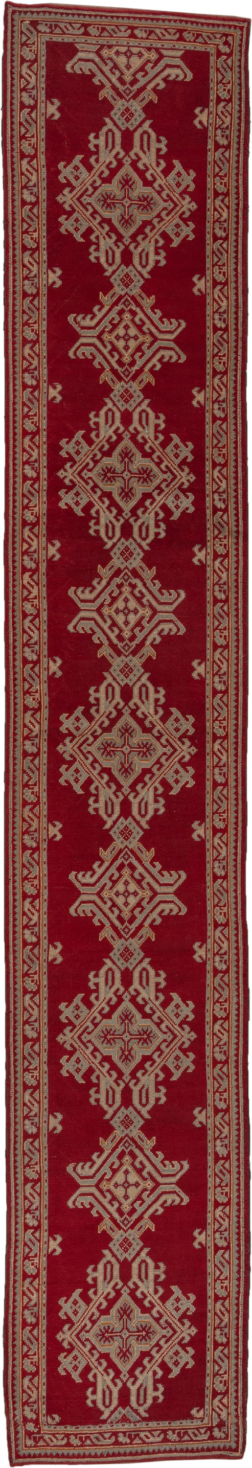 3' x 17' one-of-a-kind handmade antique Oushak runner rug. Color palette: crimson, ivory, burgundy, red