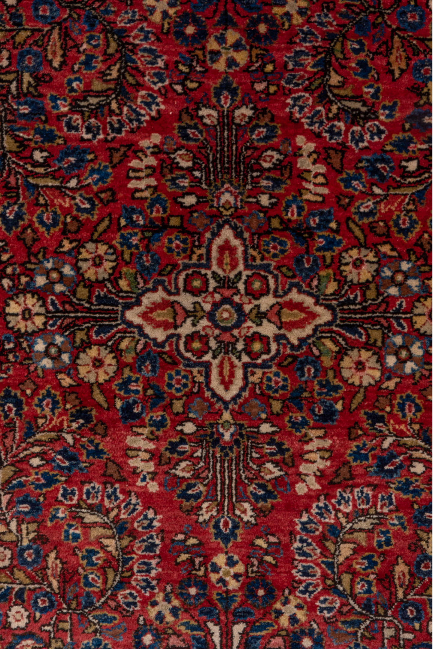 3' x 4' one-of-a-kind handmade vintage Sarouk small size rug. Color palette: red, navy, ivory, rust, camel, rose, charcoal