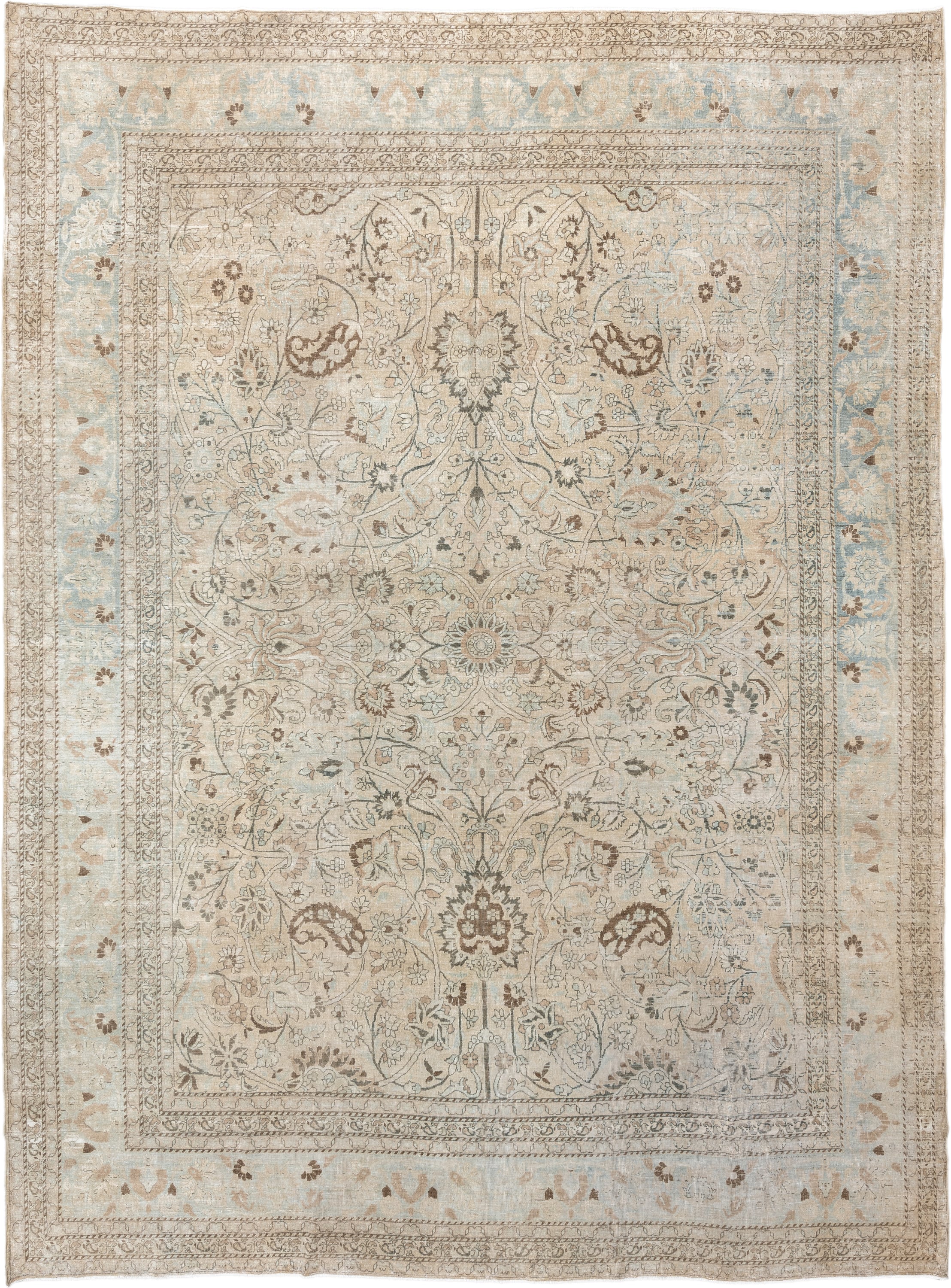 10' x 13' one-of-a-kind handmade antique Meshed large size rug. Color palette: ivory, pale blue, taupe, camel, brown, sage