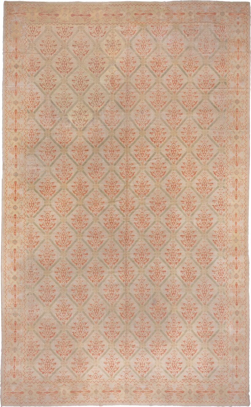 10' x 17' one-of-a-kind handmade vintage Spanish rug. Color palette: brown, gray, light gray, off-white, orange, pink