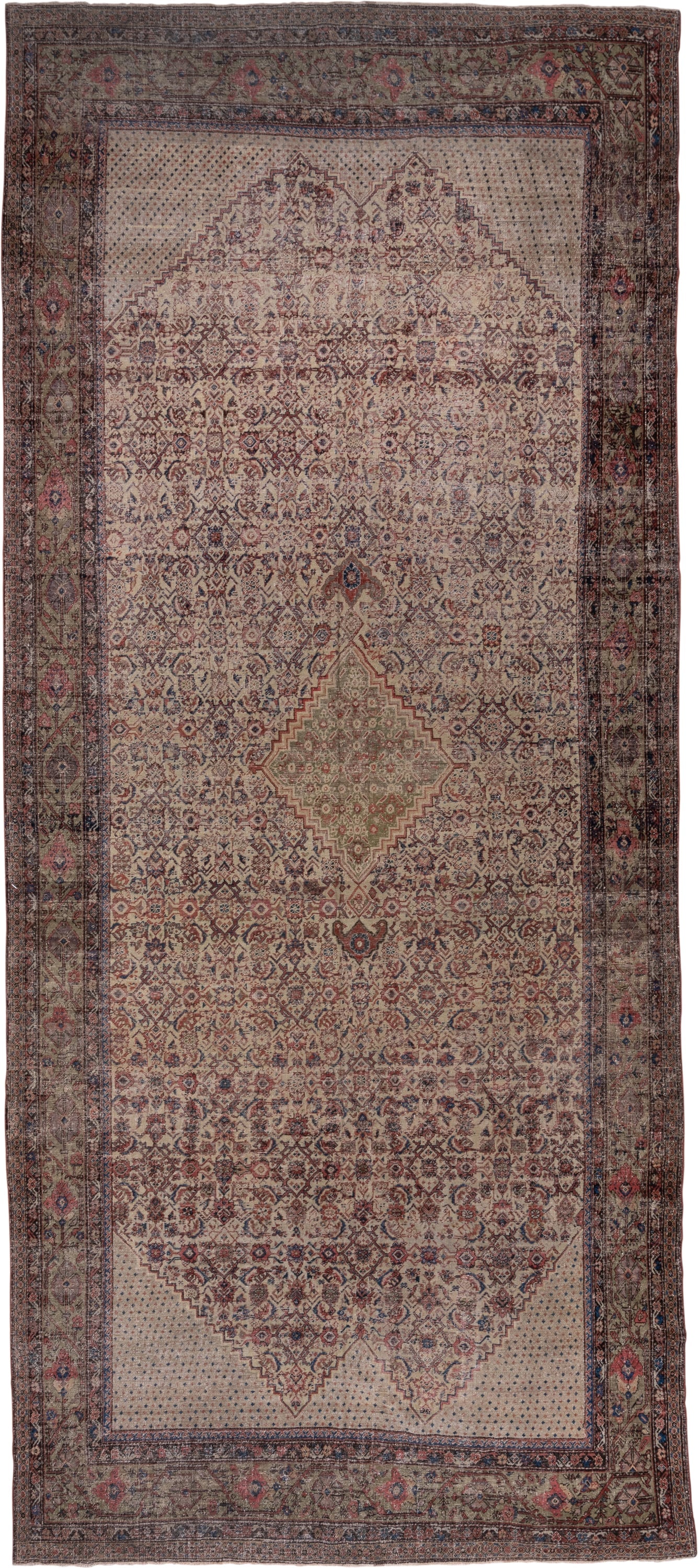 8' x 19' one-of-a-kind handmade antique Farahan rug. Color palette: ivory, taupe, rose, slate, rust, sage, burgundy, beige