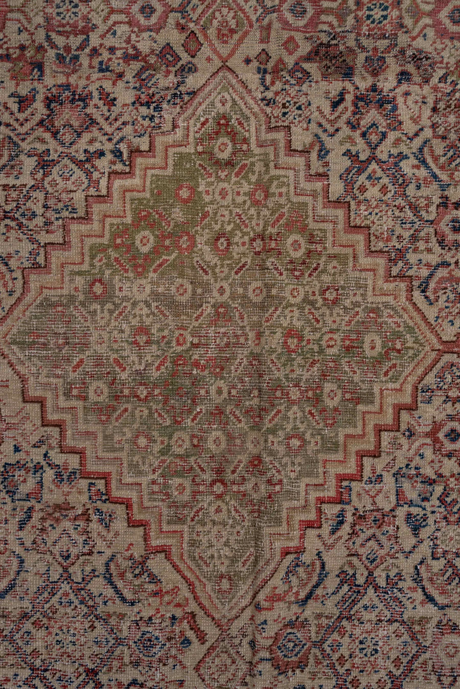 8' x 19' one-of-a-kind handmade antique Farahan rug. Color palette: ivory, taupe, rose, slate, rust, sage, burgundy, beige