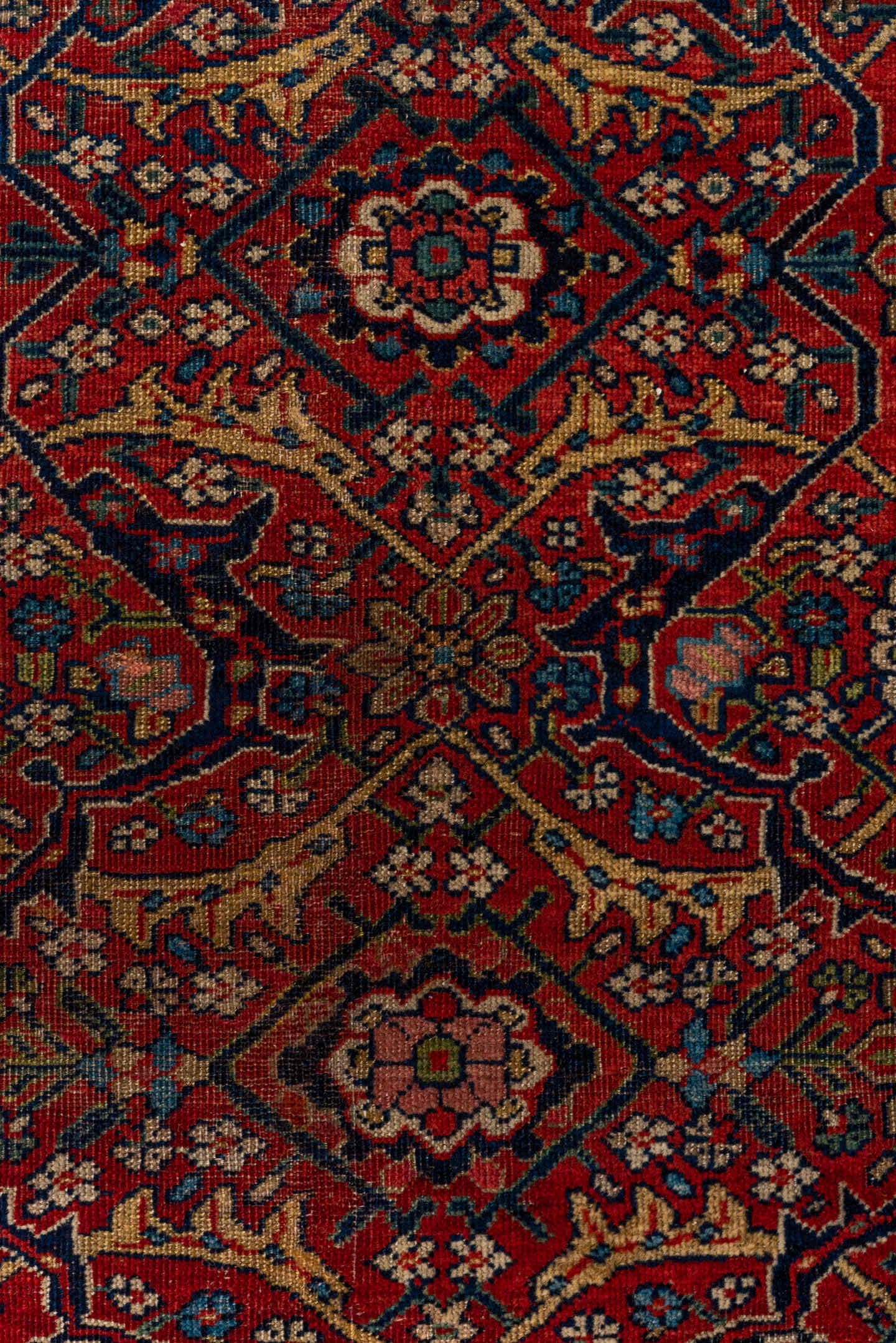 7' x 14' one-of-a-kind handmade antique Farahan large size rug. Color palette: rust, navy, ivory, crimson, camel, indigo