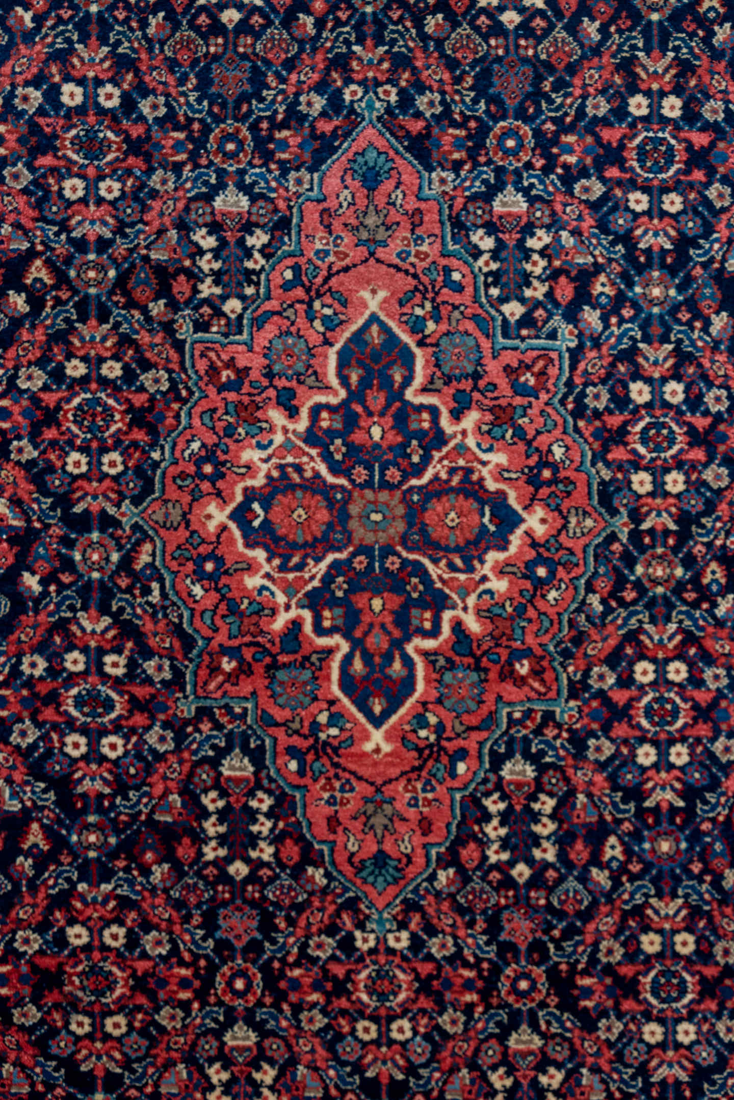 4' x 6' one-of-a-kind handmade antique Meighan small size rug. Color palette: navy, rust, ivory, crimson, slate, coral, blue