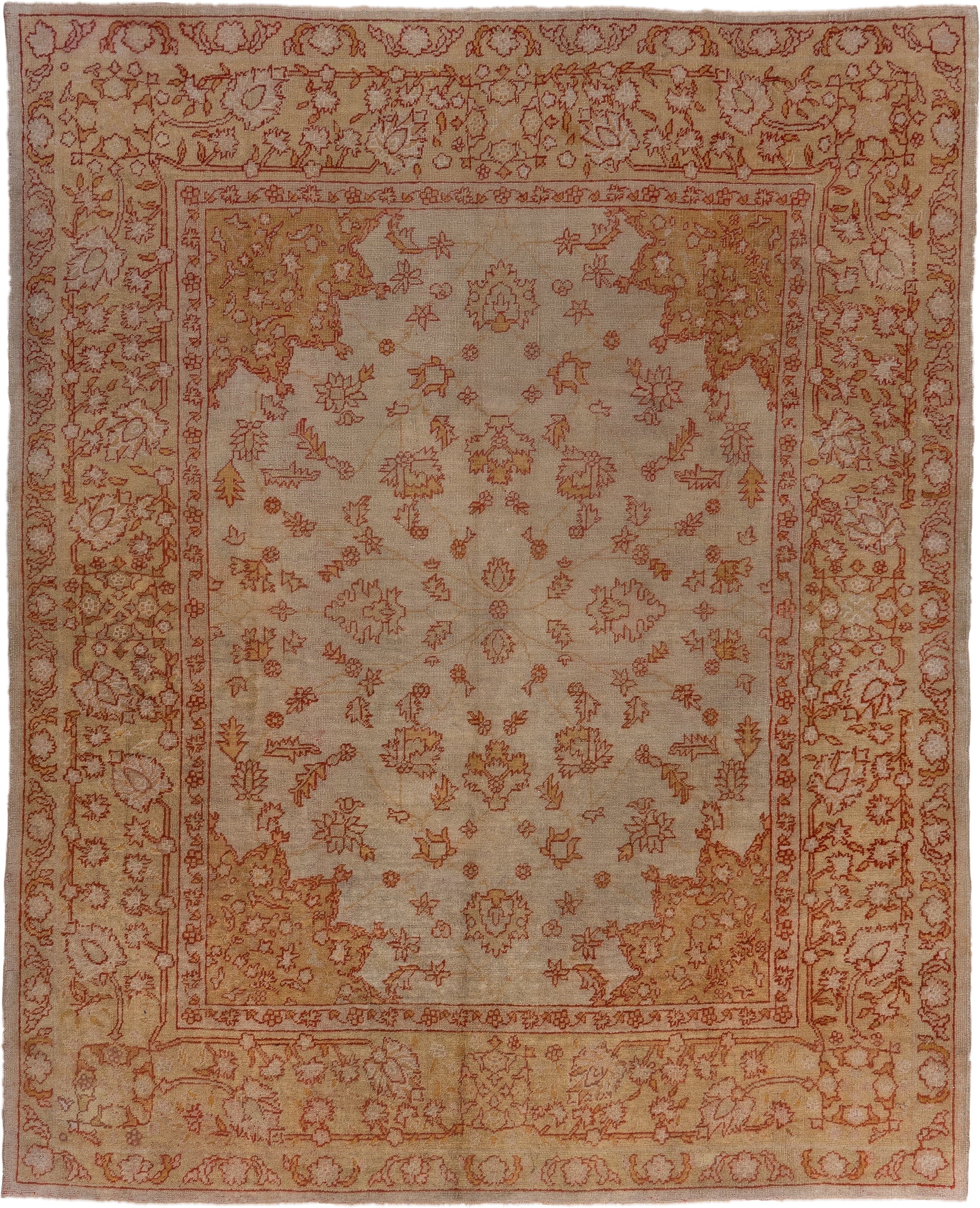 9' x 11' one-of-a-kind handmade antique Oushak large size rug. Color palette: ivory, beige, sand, terra cotta, rust, camel